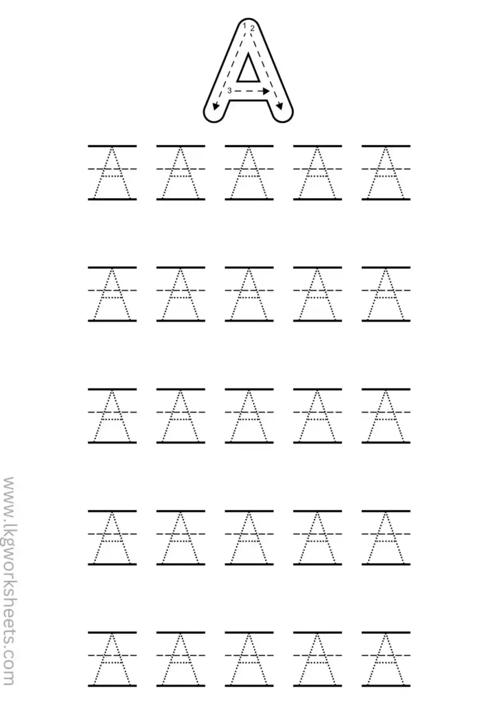 Alphabet Tracing worksheets. letter 'A' tracing lkg,ukg,nursery worksheets.

