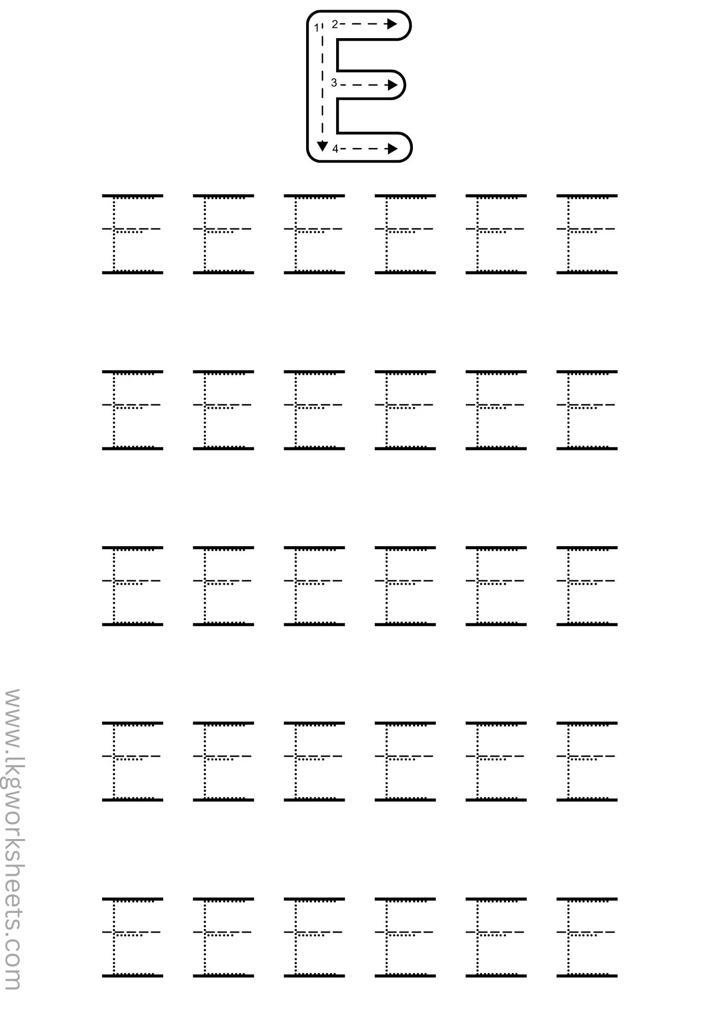 letter 'E' tracing lkg,ukg,nursery worksheets
