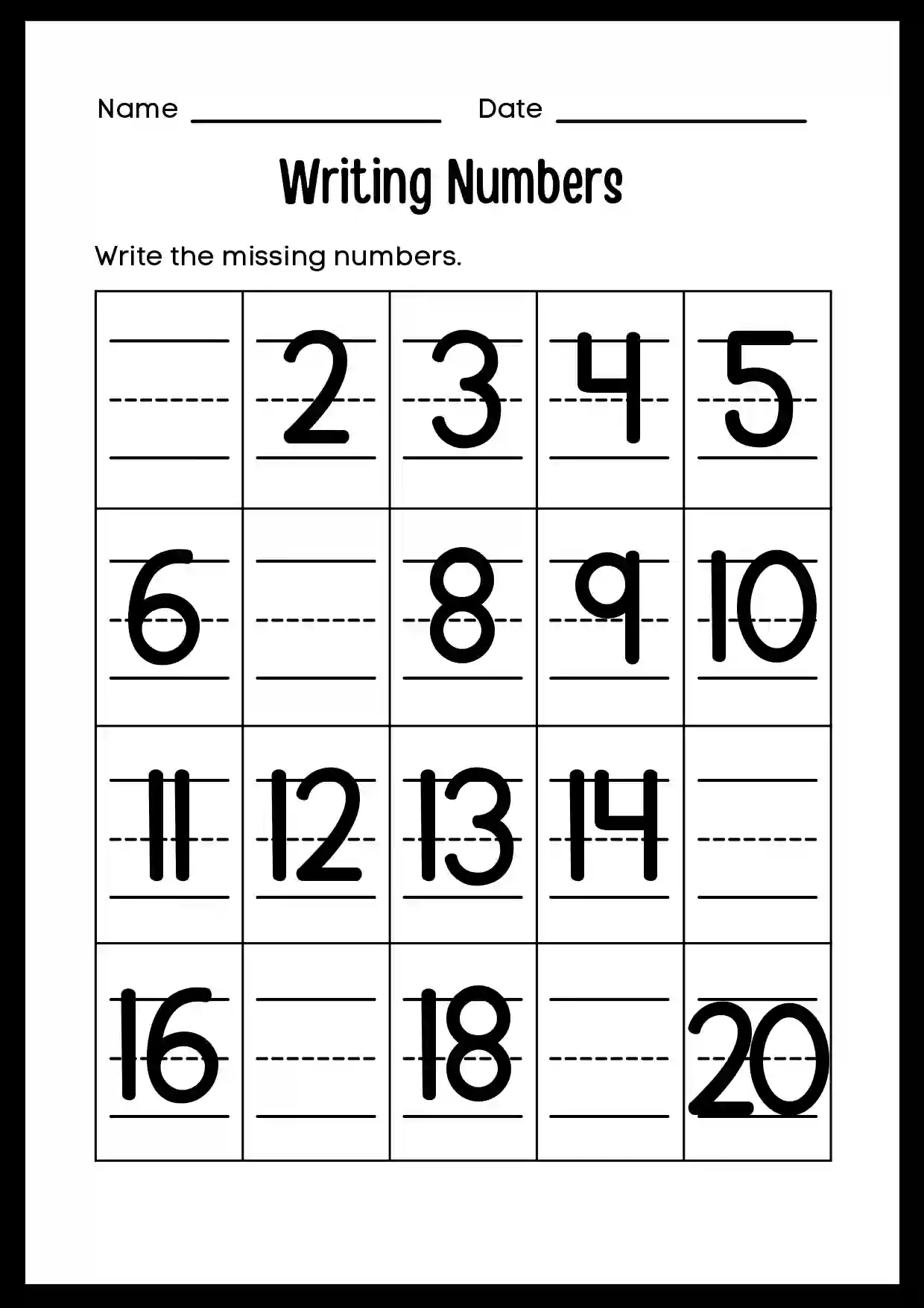 Missing Number Worksheets from 1 to 20