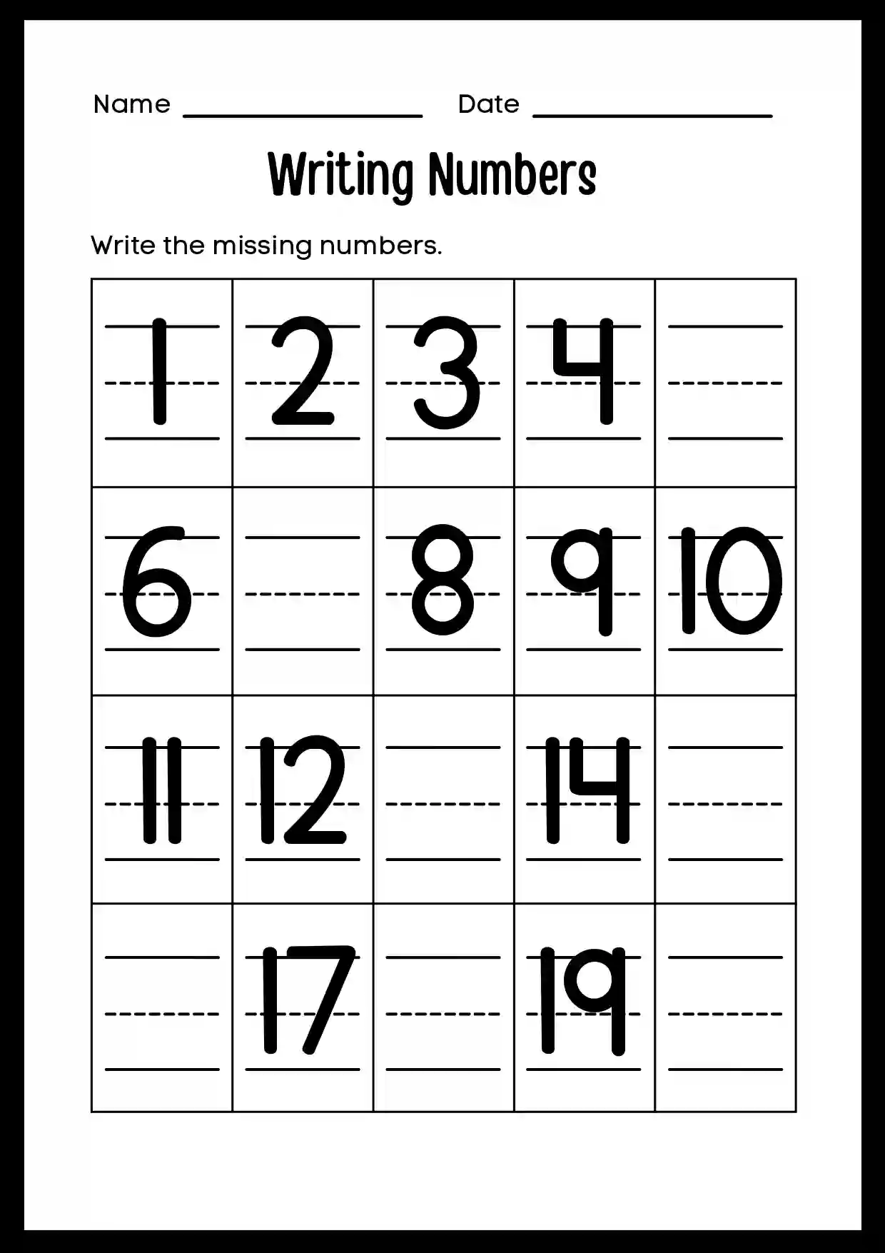 Missing Number Worksheets from 1 to 20