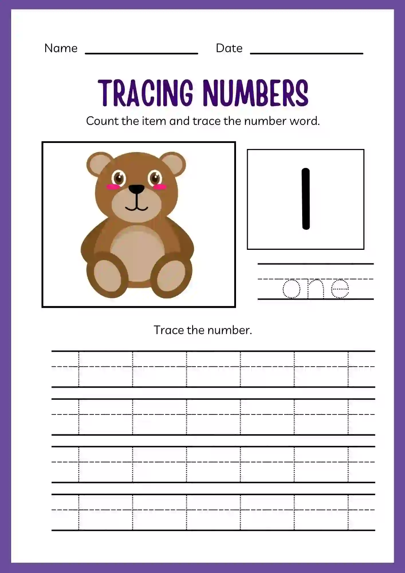 Number Tracing Worksheets 1 to 20 (Number 1 tracing sheet)