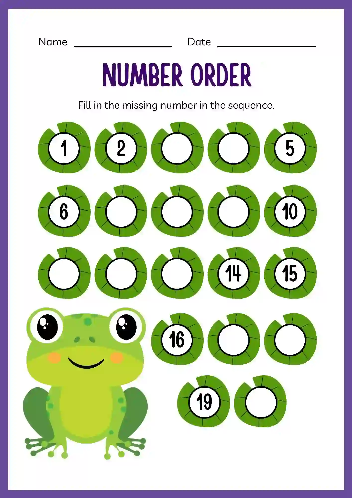 Numbers Ordering Worksheets for Kindergarten (lkg) 1 to 20