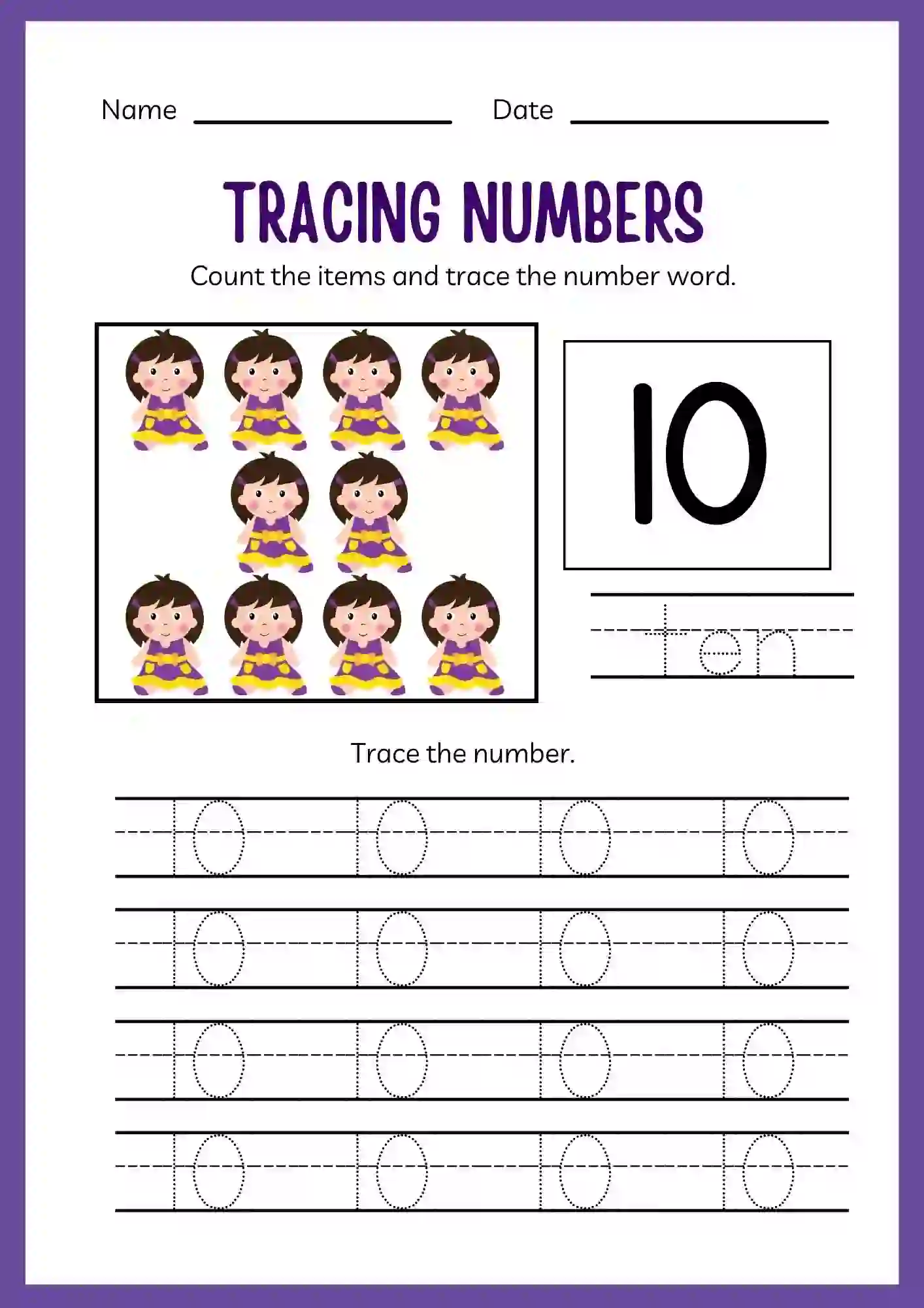 Number Tracing Worksheets 1 to 20 (Number 10 tracing sheet)