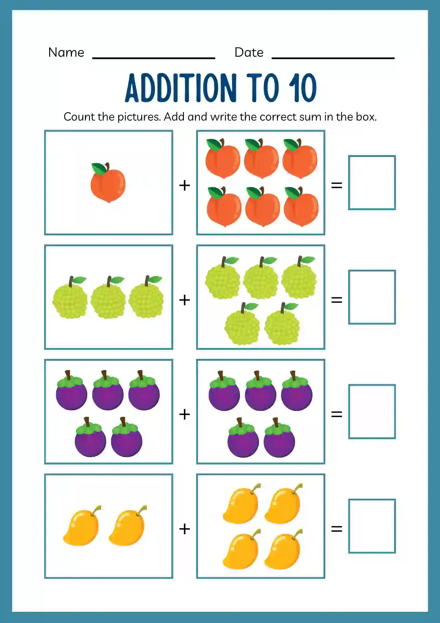 Picture Addition Worksheet upto 10