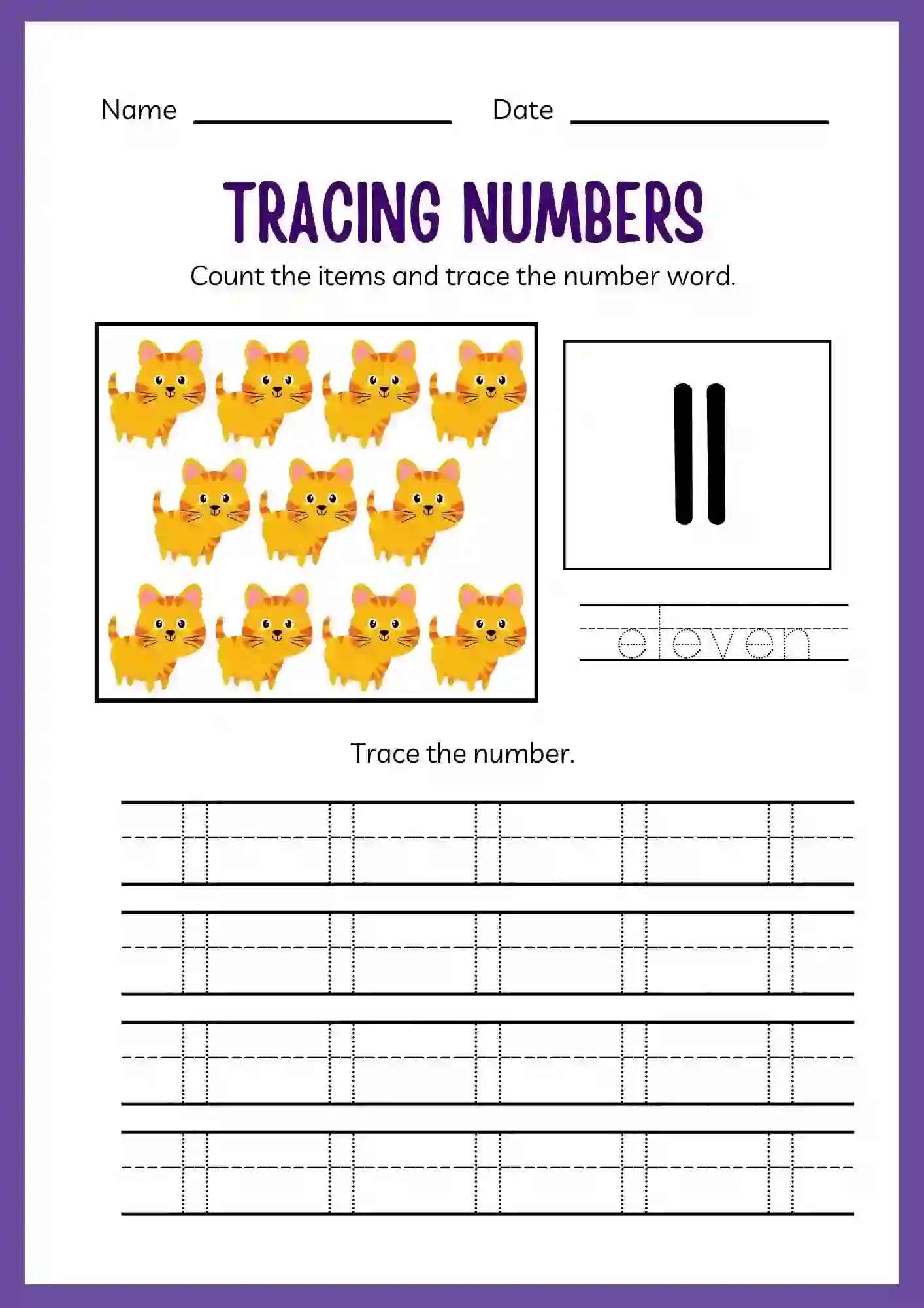 Number Tracing Worksheets 1 to 20 (Number 11 tracing sheet)
