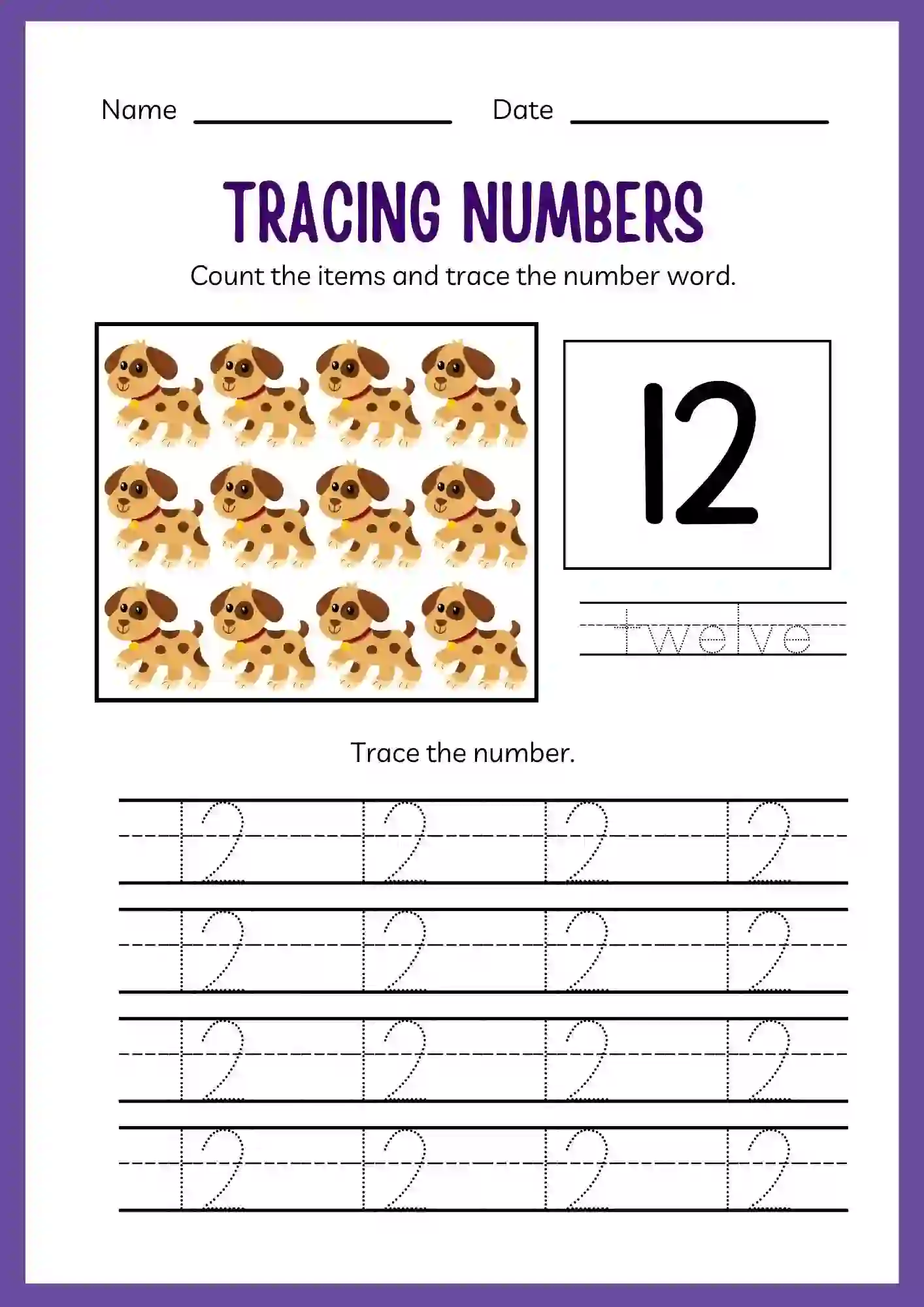 Number Tracing Worksheets 1 to 20 (Number 12 tracing sheet)