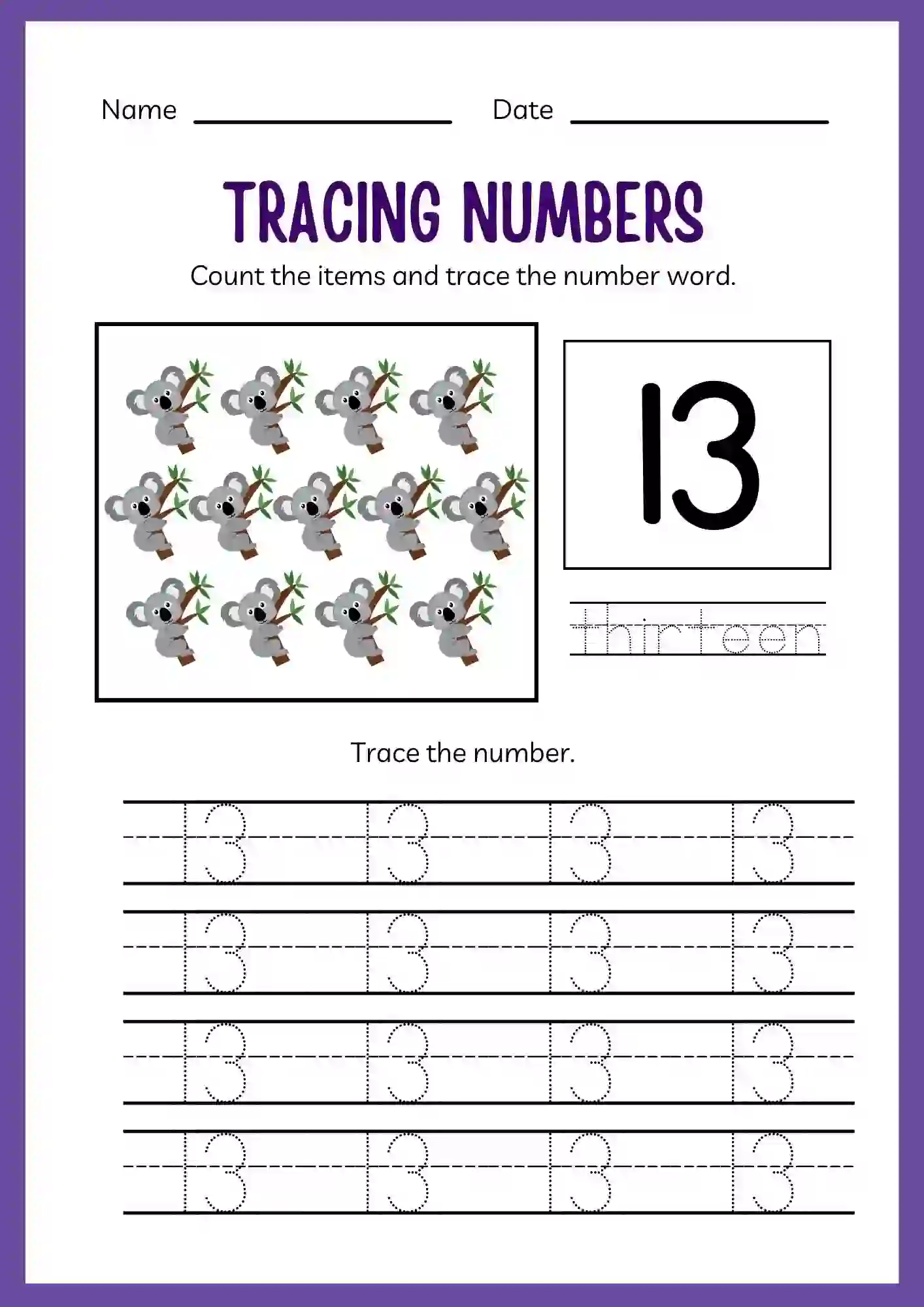 Number Tracing Worksheets 1 to 20 (Number 13 tracing sheet)