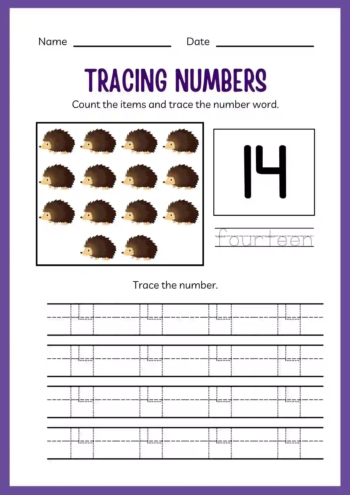 Number Tracing Worksheets 1 to 20 (Number 14 tracing sheet)