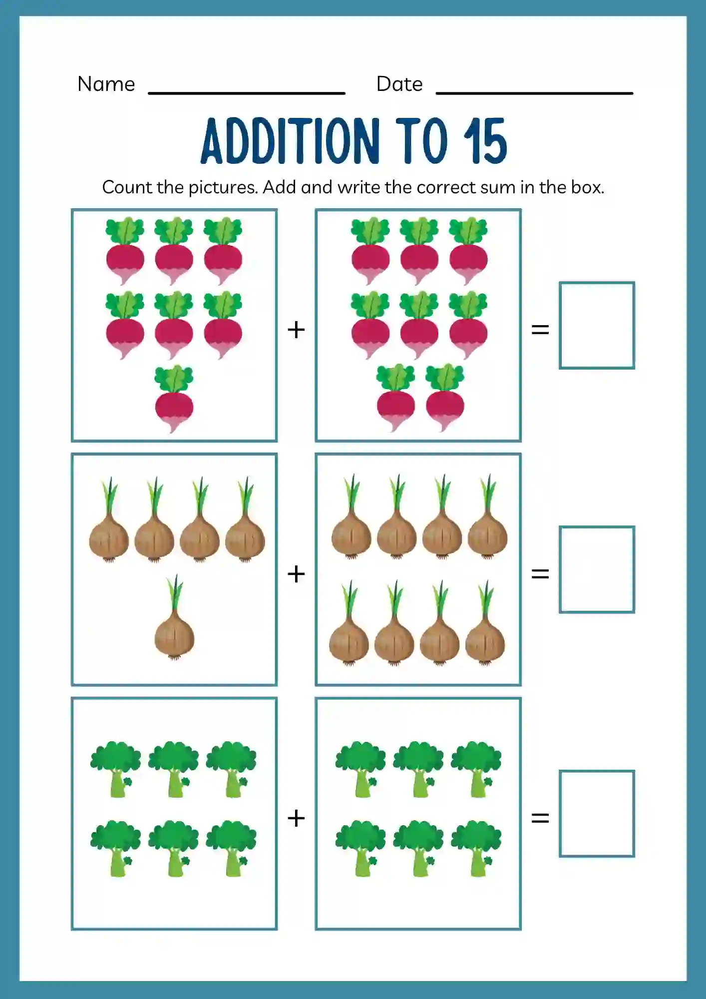 Picture Addition Worksheet upto 15