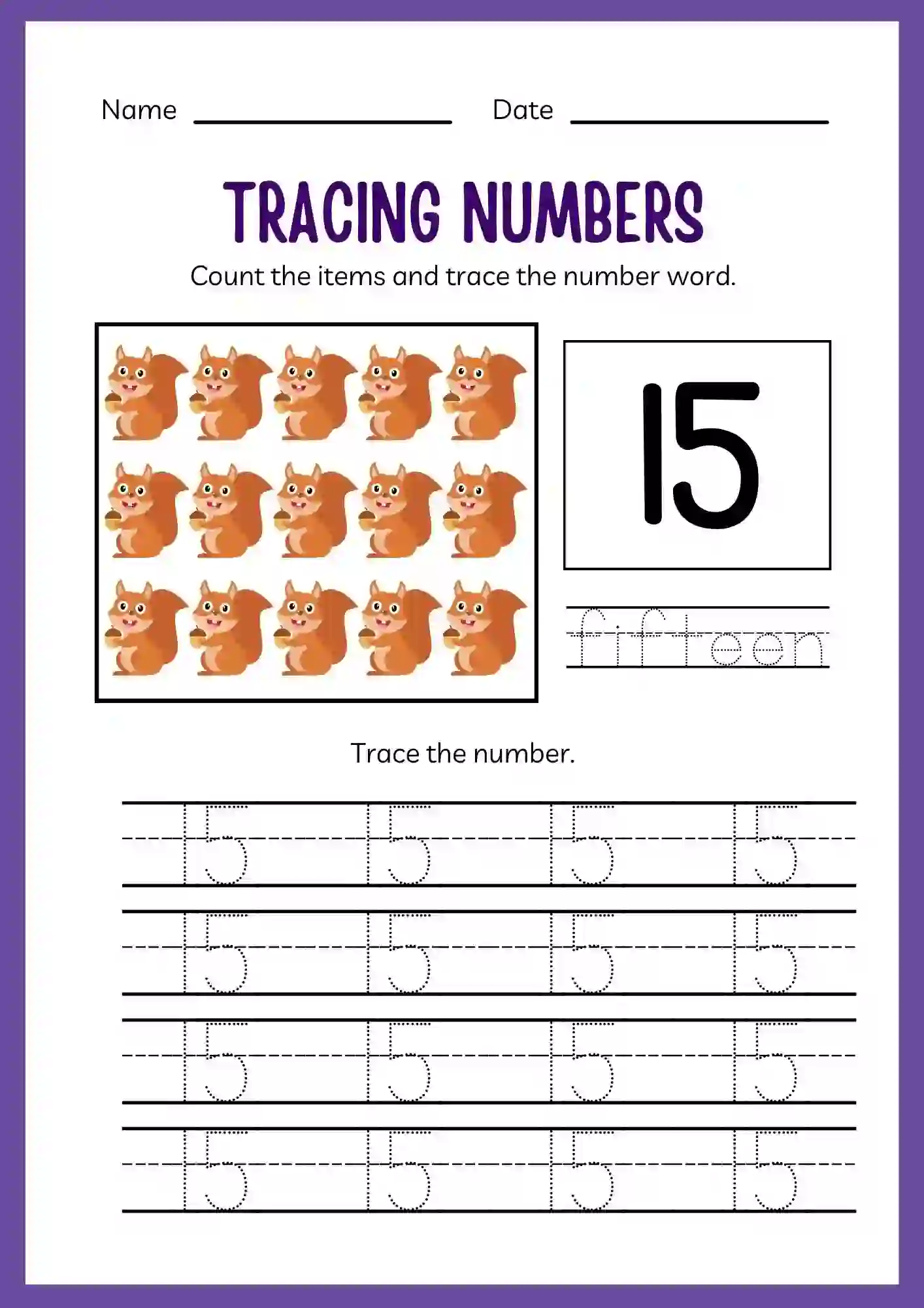 Number Tracing Worksheets 1 to 20 (Number 15 tracing sheet)