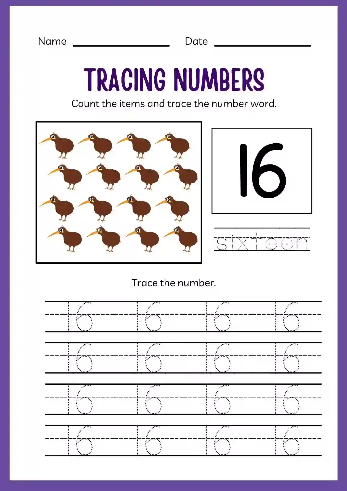 Number Tracing Worksheets 1 to 20 (Number 16 tracing sheet)