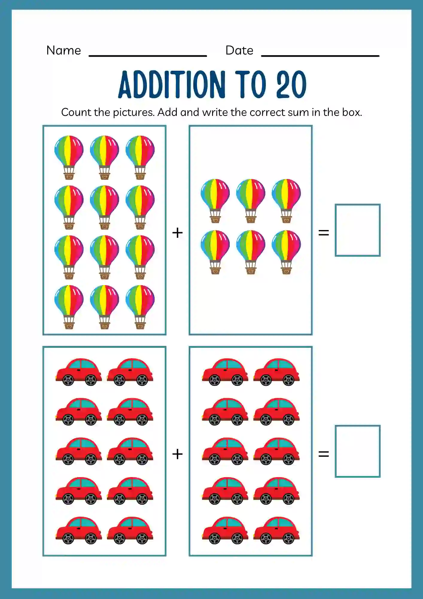 Picture Addition Worksheet upto 20
