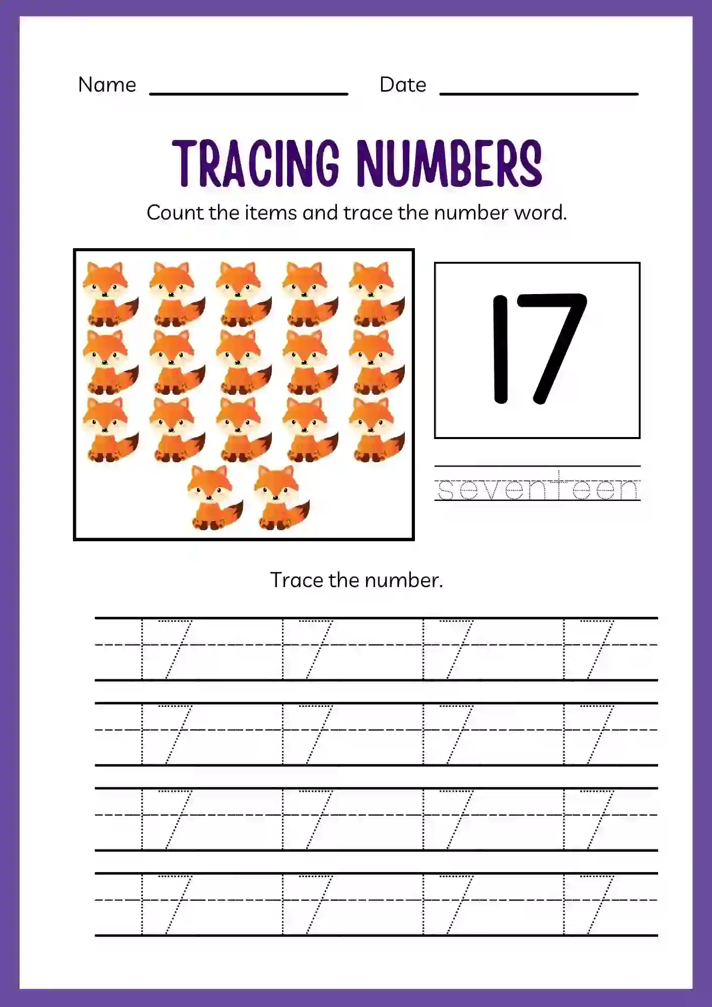 Number Tracing Worksheets 1 to 20 (Number 17 tracing sheet)