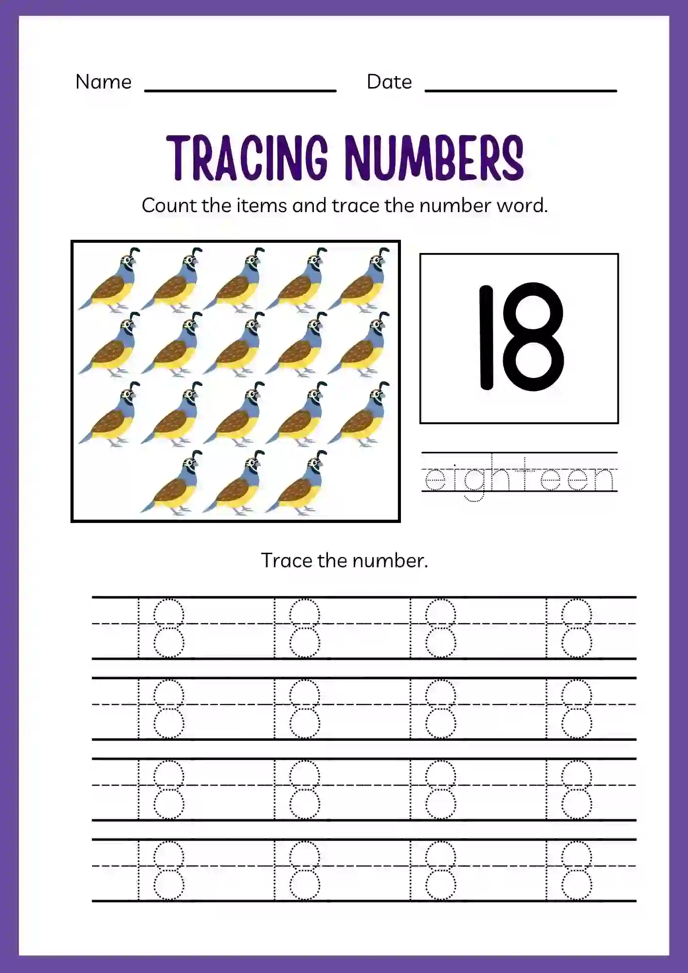 Number Tracing Worksheets 1 to 20 (Number 18 tracing sheet)