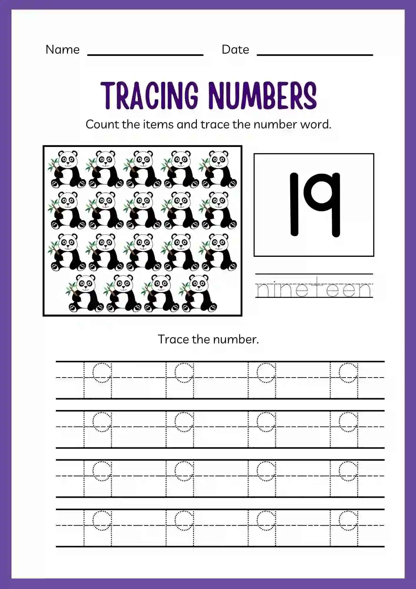 Number Tracing Worksheets 1 to 20 (Number 19 tracing sheet)