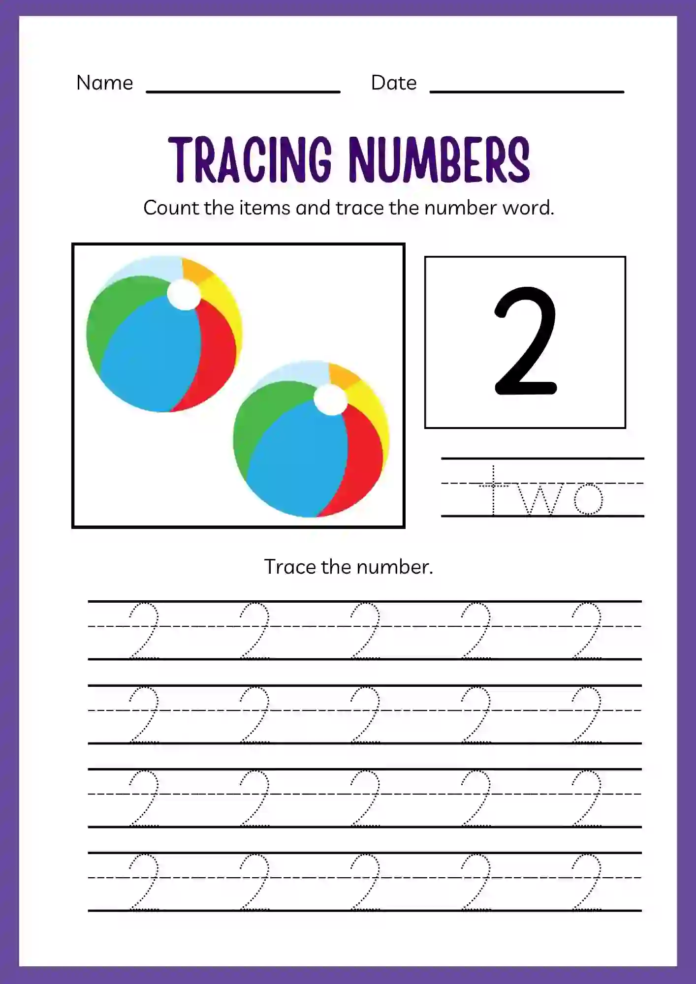 Number Tracing Worksheets 1 to 20 (Number 2 tracing sheet)