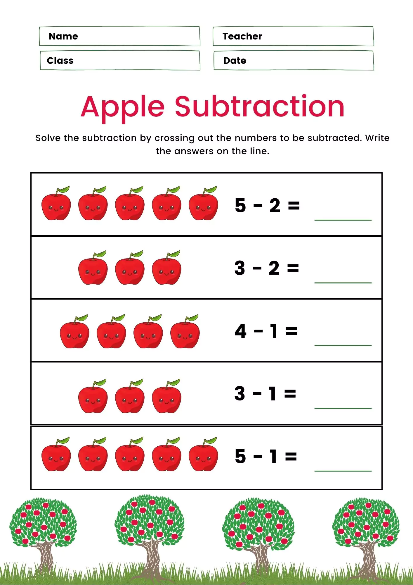  Kindergarten Subtraction Worksheet from number 1 to 10