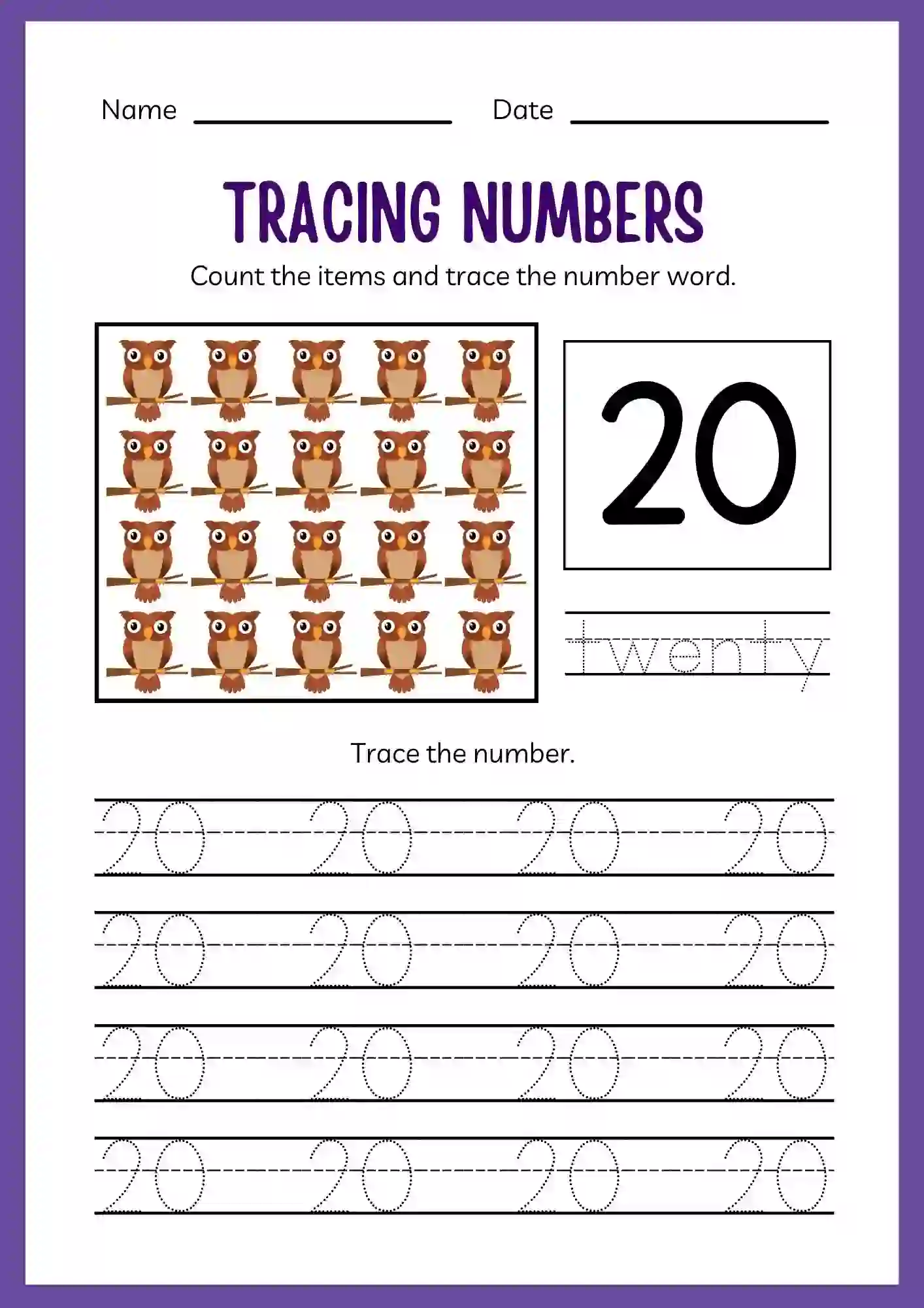 Number Tracing Worksheets 1 to 20 (Number 20 tracing sheet)