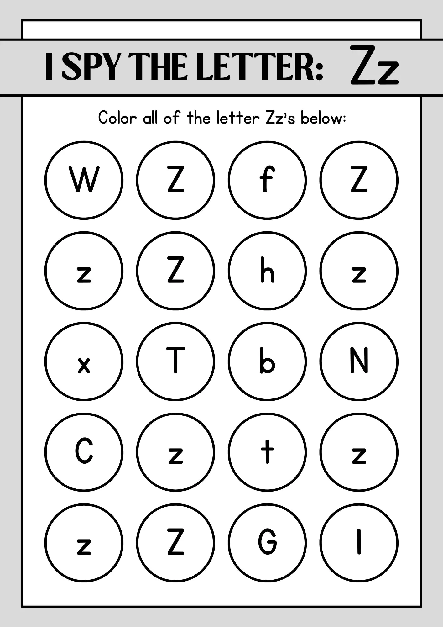 I Spy Alphabet Letter Z Worksheets 