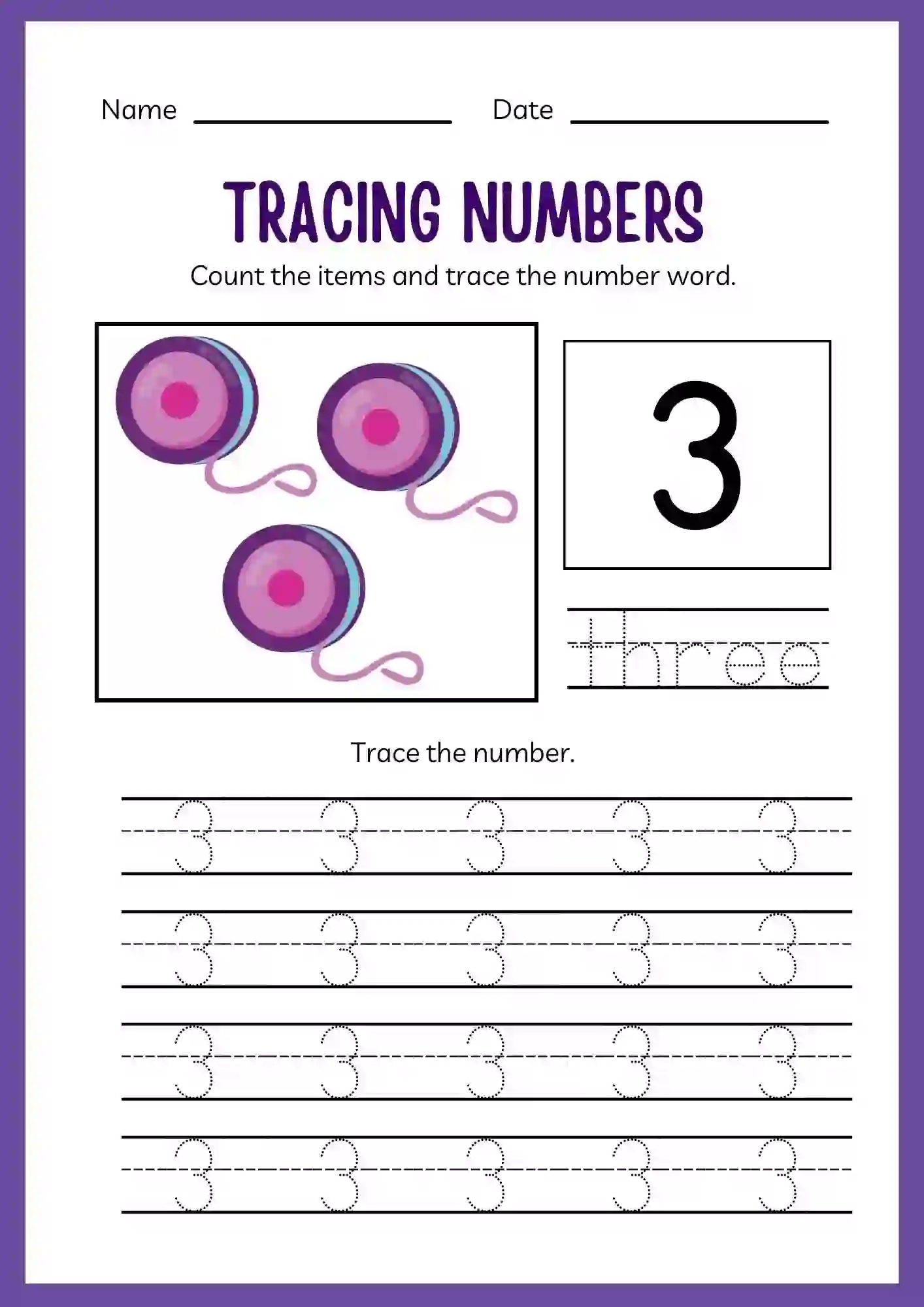 Number Tracing Worksheets 1 to 20 (Number 3 tracing sheet)