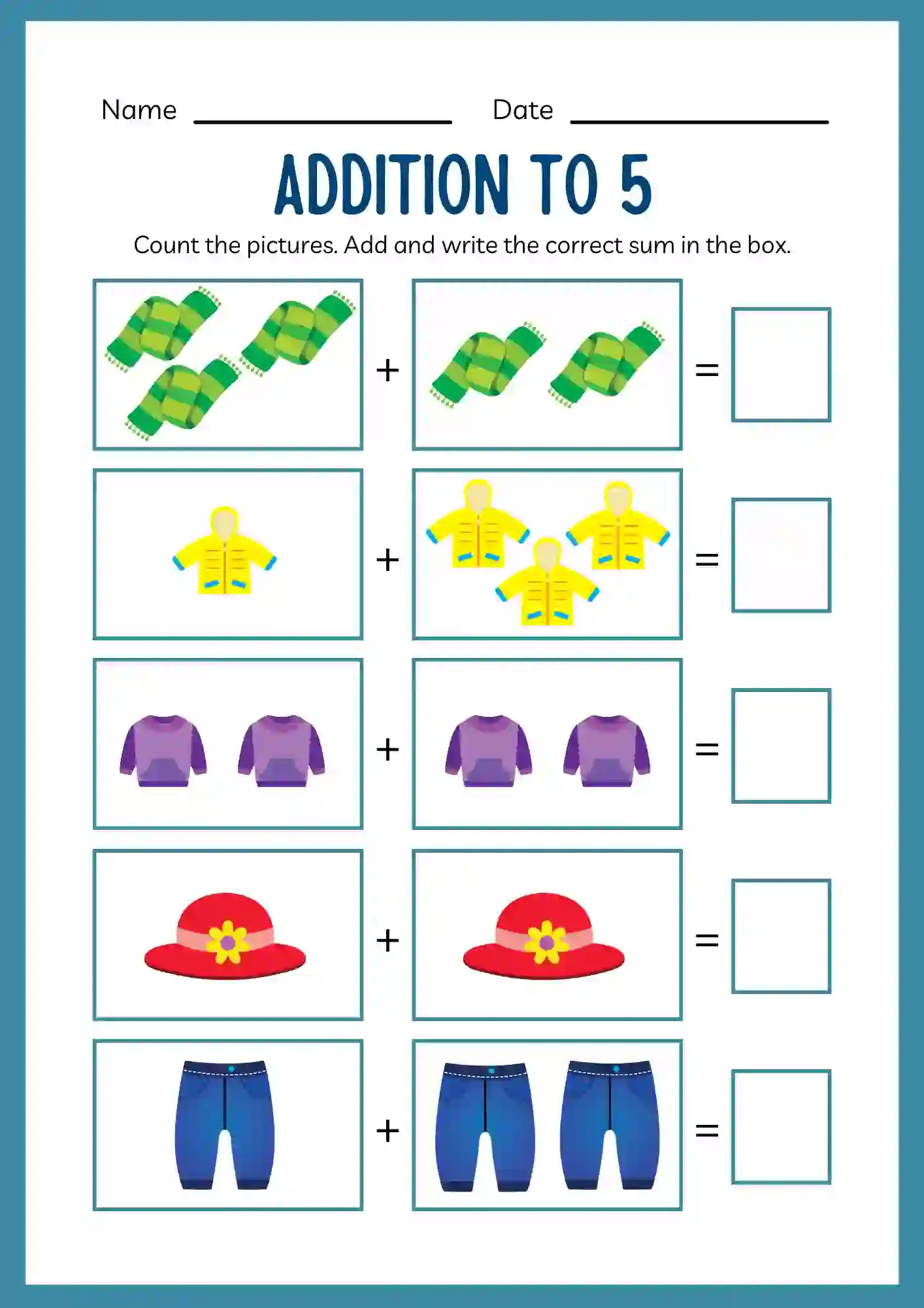 Picture Addition Worksheet upto 5