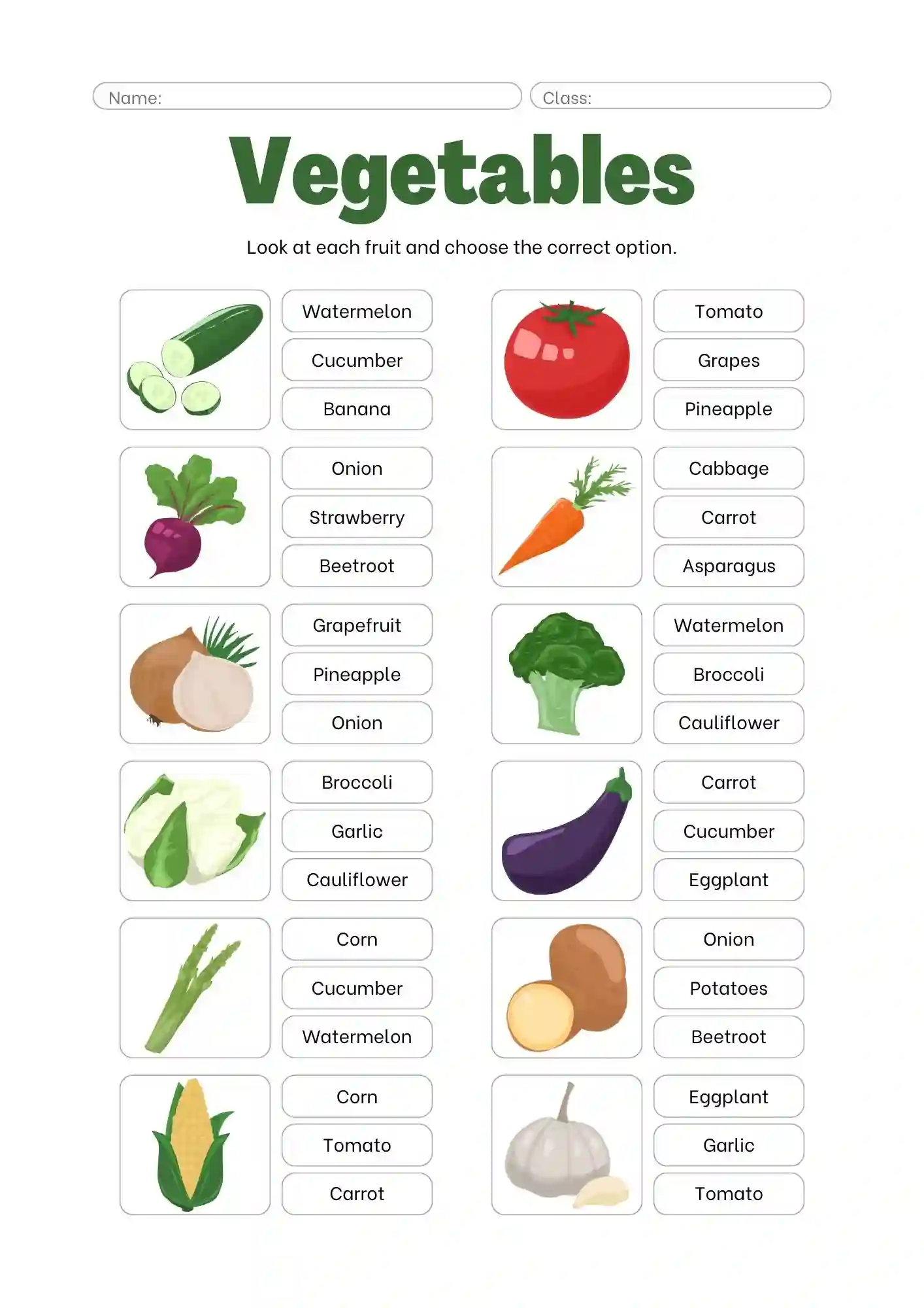 Vegetable Worksheets choose correct option