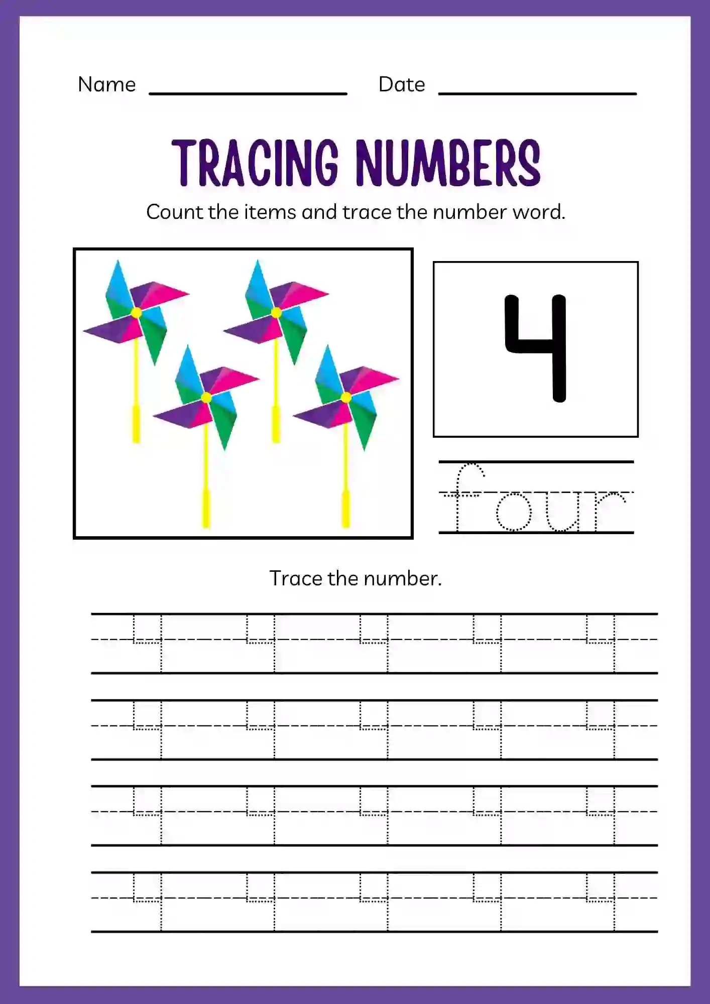 Number Tracing Worksheets 1 to 20 (Number 4 tracing sheet)