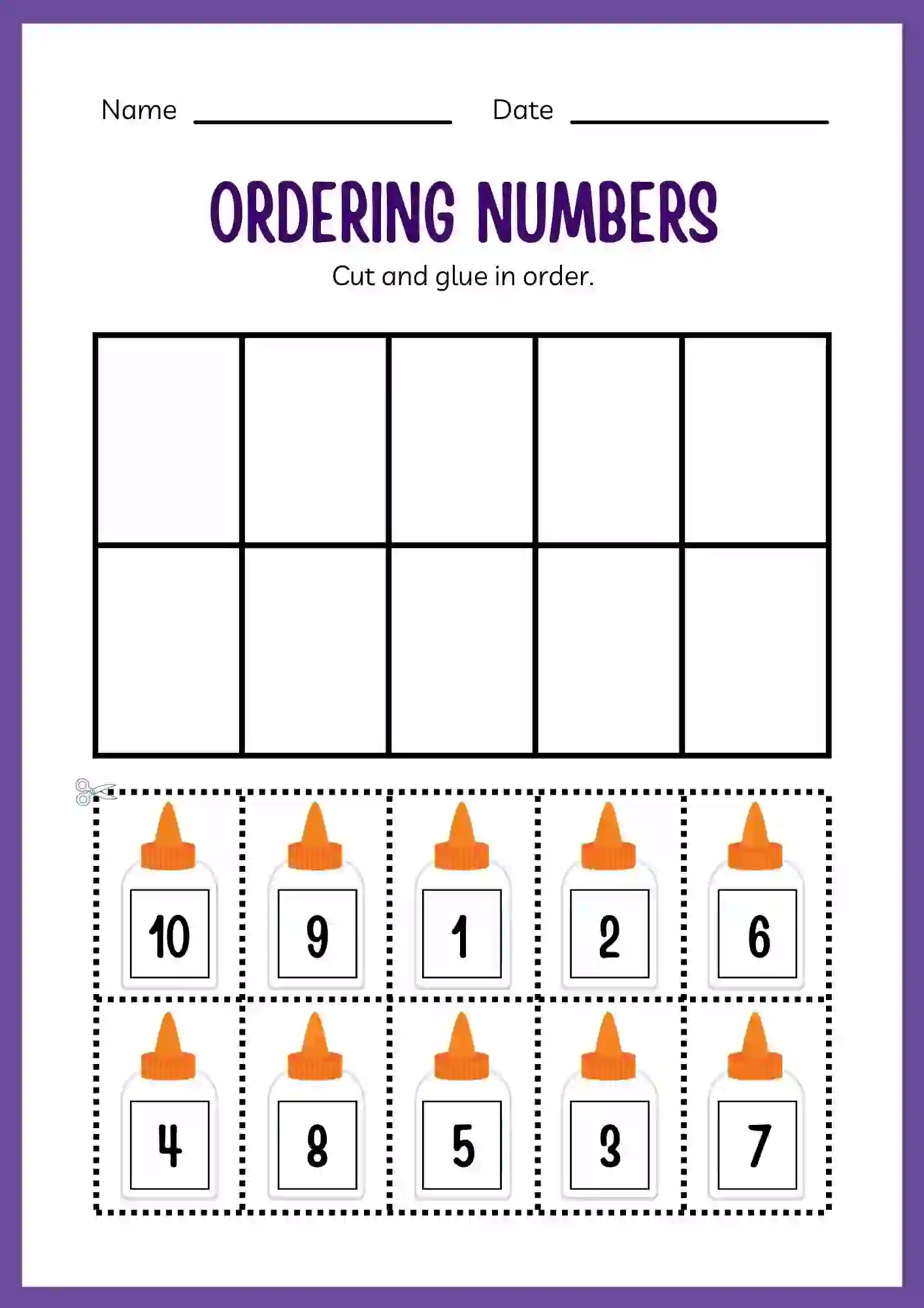 Numbers Ordering Worksheets For kindergarten cutting & pasting from 1 to 10