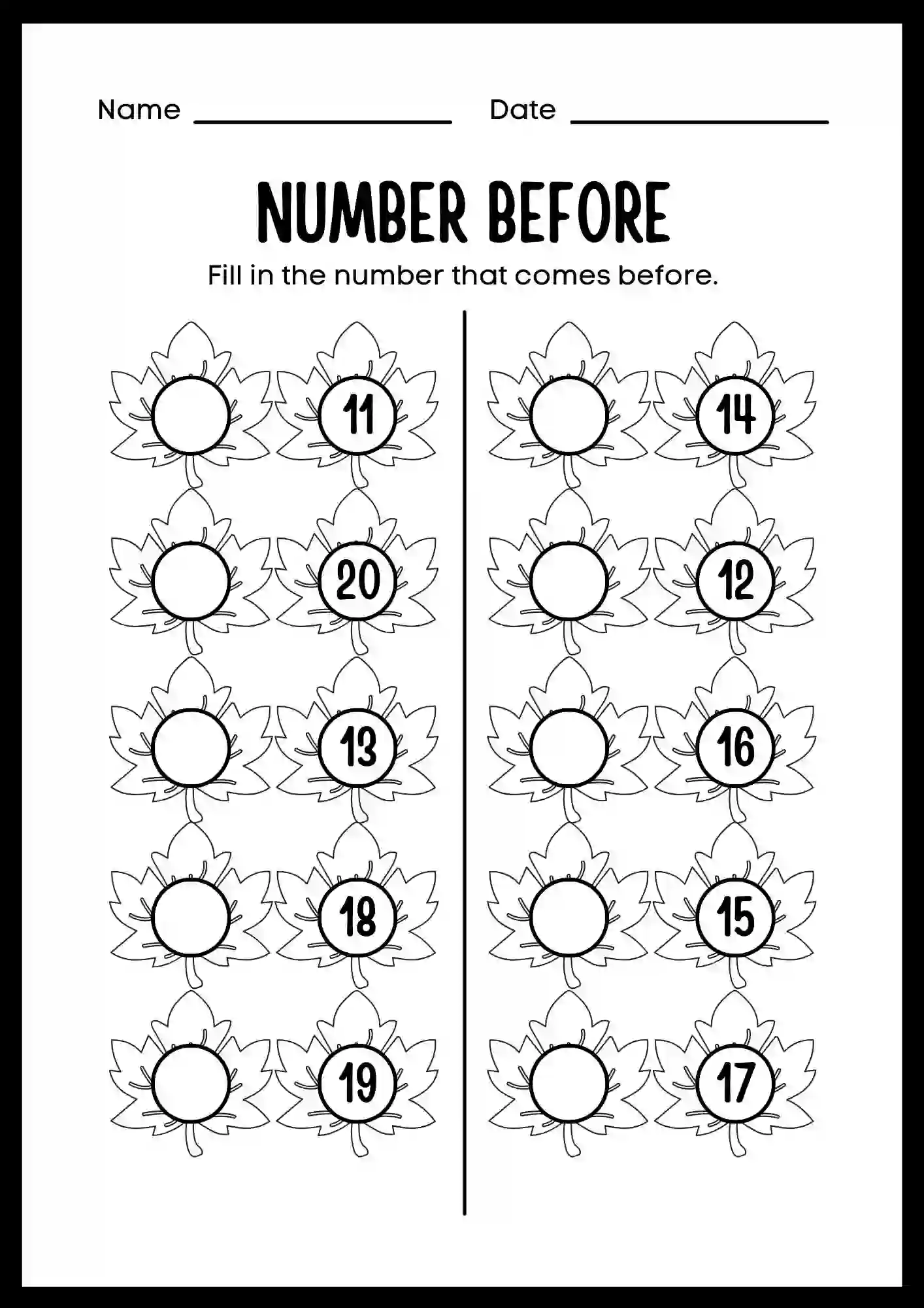 Before Number Worksheets 1 to 20 for kindergarten