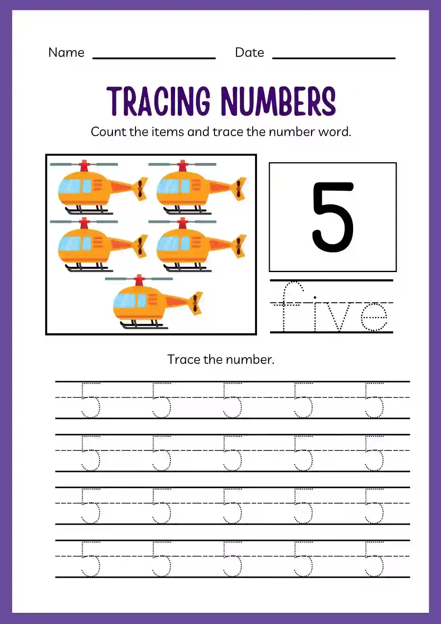 Number Tracing Worksheets 1 to 20 (Number 5 tracing sheet)