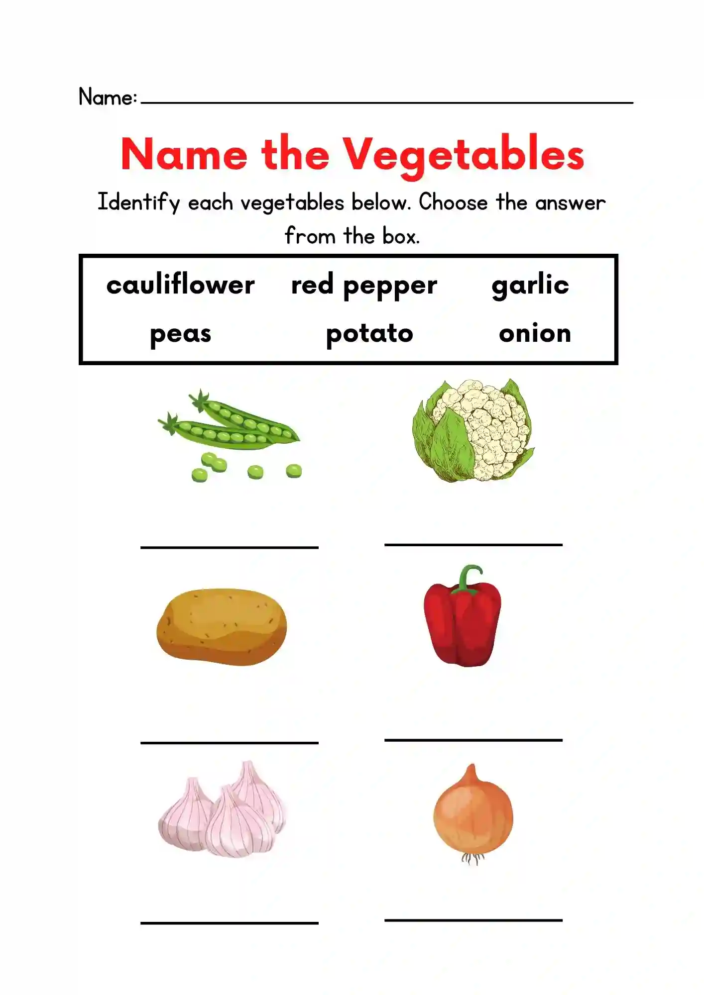 Name the Vegetable Worksheets 