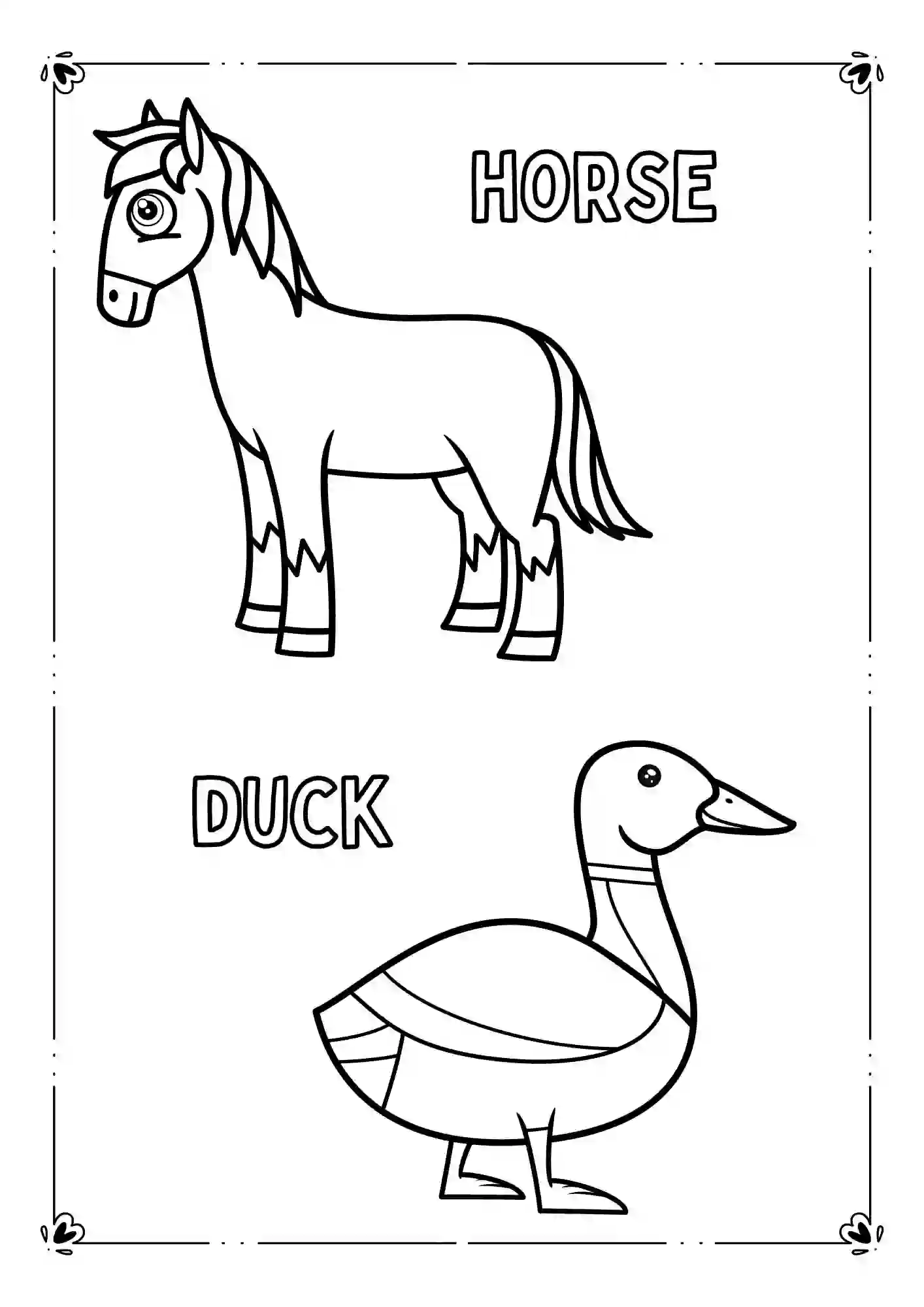 Farm Animals Coloring Worksheets (DUCK & HORSE)