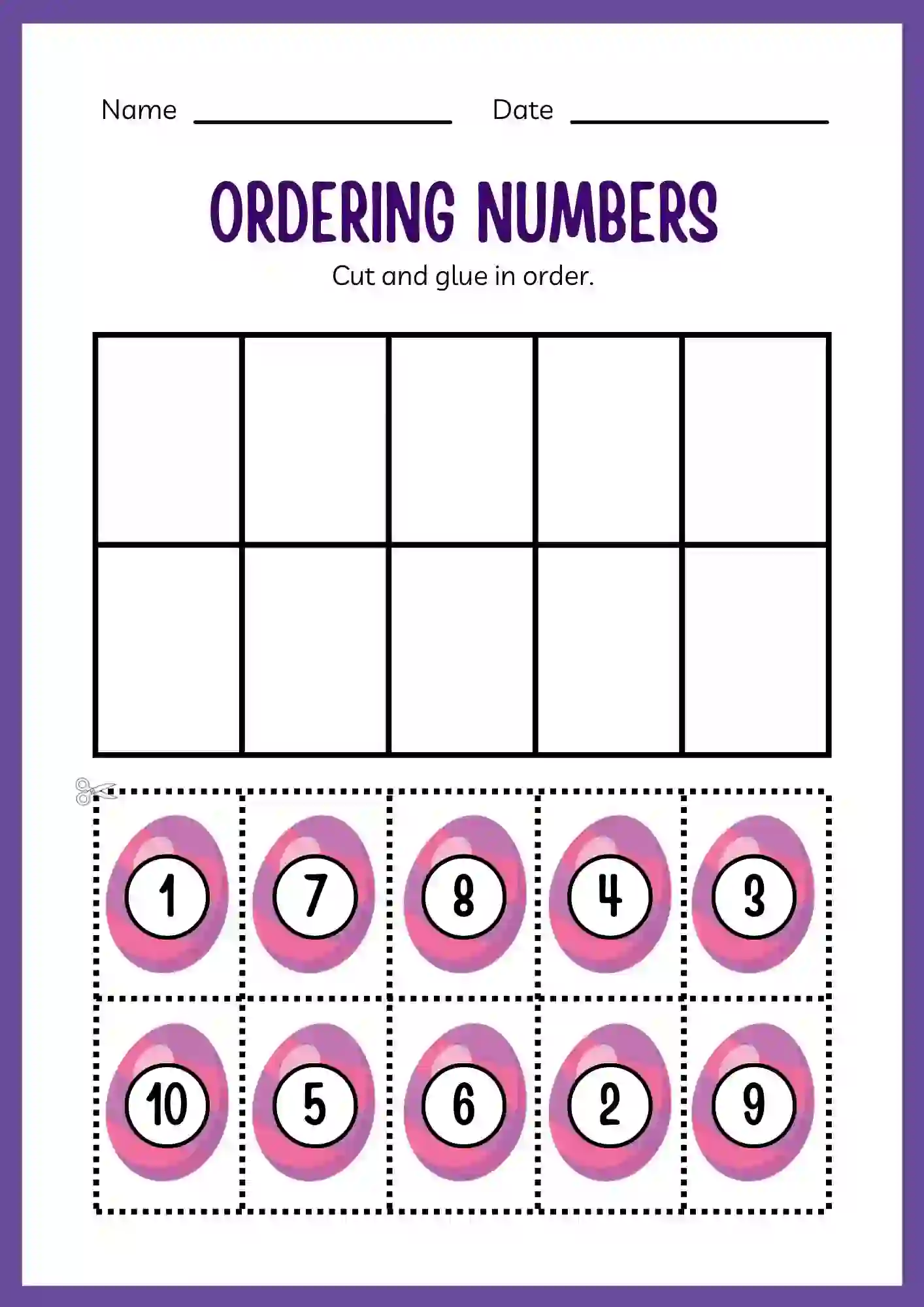Numbers Ordering Worksheets For kindergarten cutting & pasting from 1 to 10