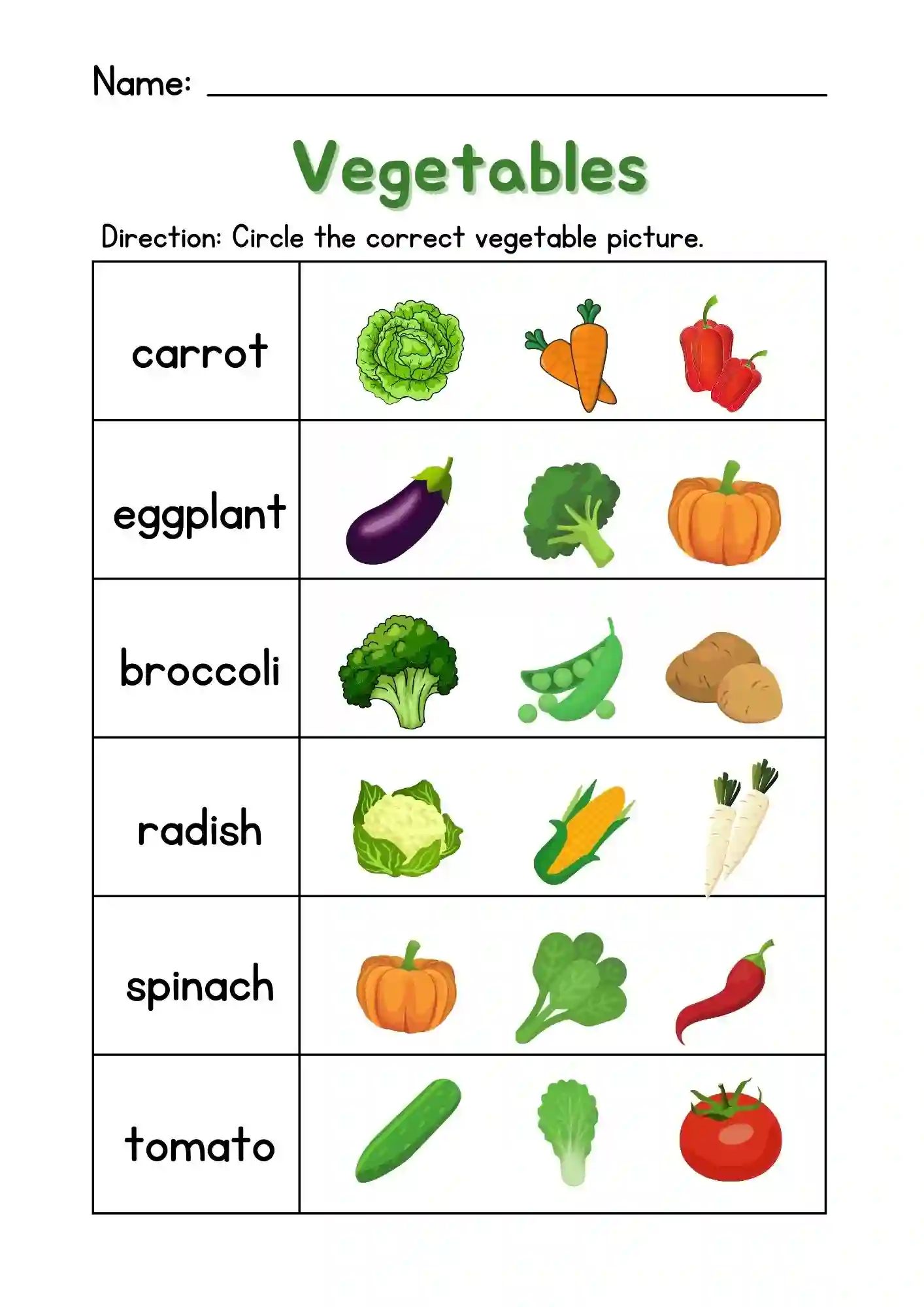 Vegetables Worksheets choose correct vegetable