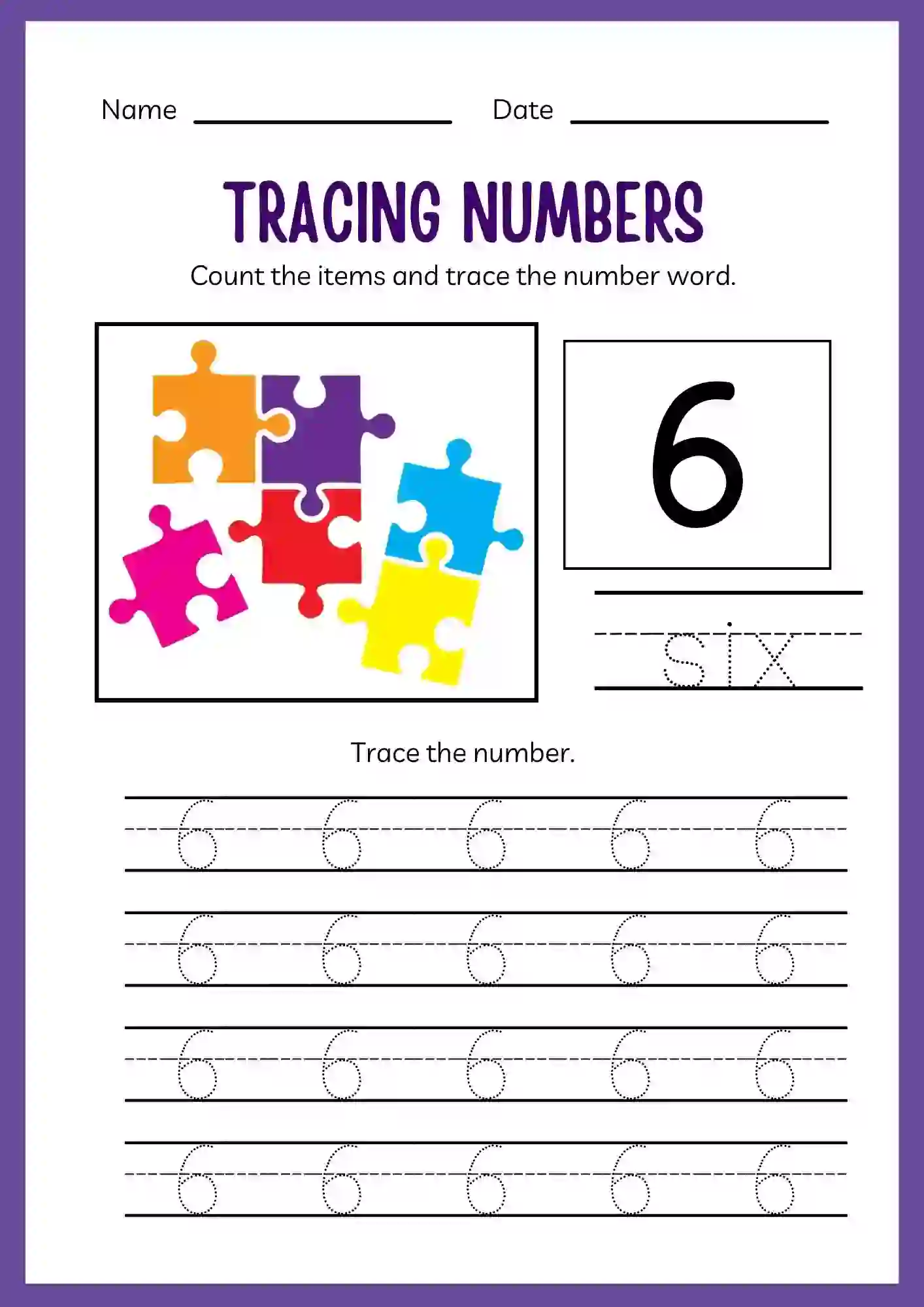 Number Tracing Worksheets 1 to 20 (Number 6 tracing sheet)