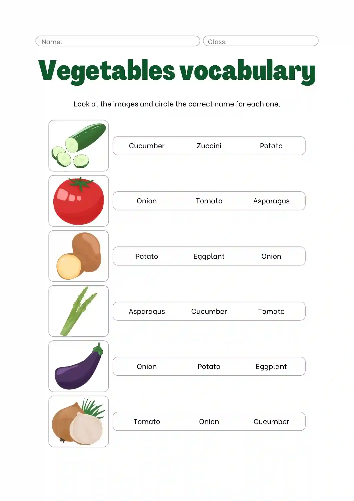 Vegetables Worksheets choose correct option