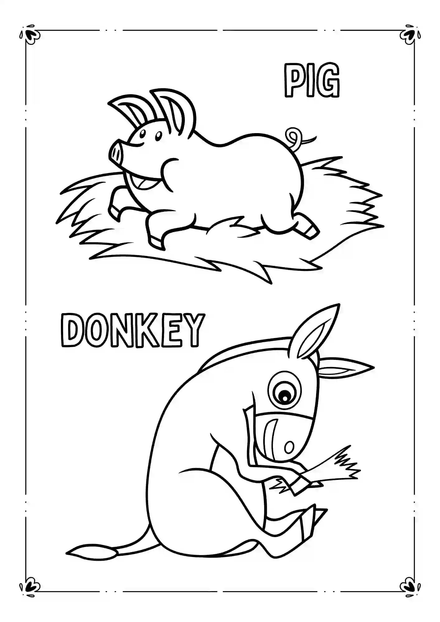 Farm Animals Coloring Worksheets (PIG & DONKEY)