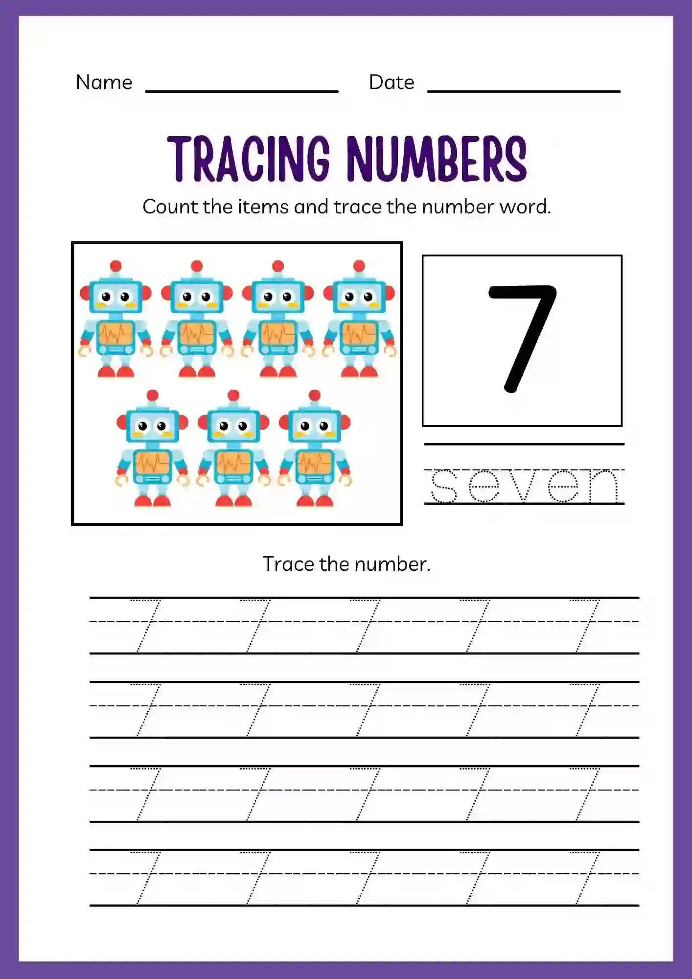 Number Tracing Worksheets 1 to 20 (Number 7 tracing sheet)