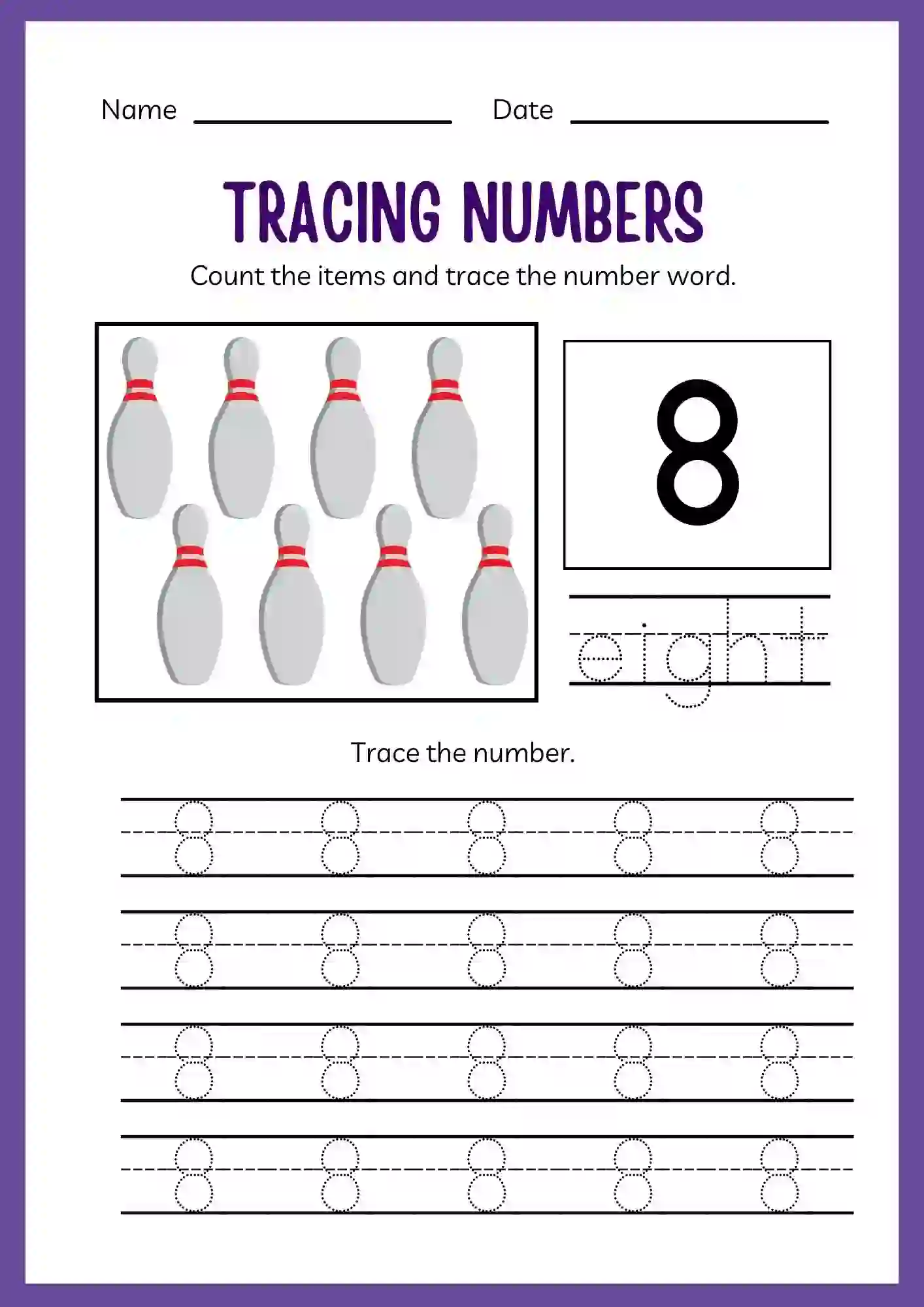 Number Tracing Worksheets 1 to 20 (Number 8 tracing sheet)
