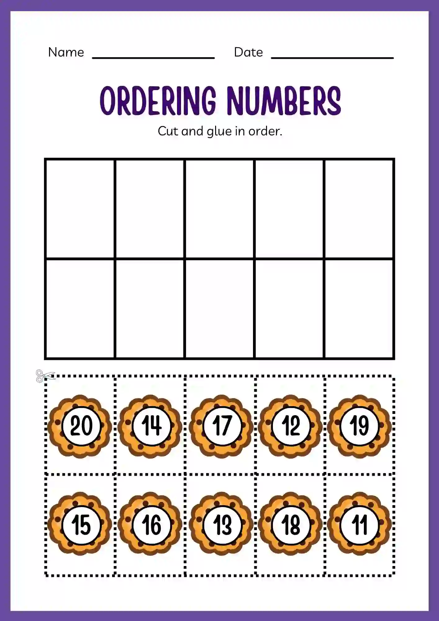 Numbers Ordering Worksheets For kindergarten cutting & pasting from 1 to 20
