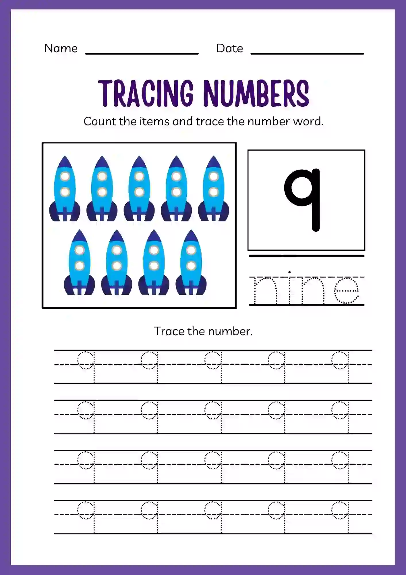 Number Tracing Worksheets 1 to 20 (Number 9 tracing sheet)