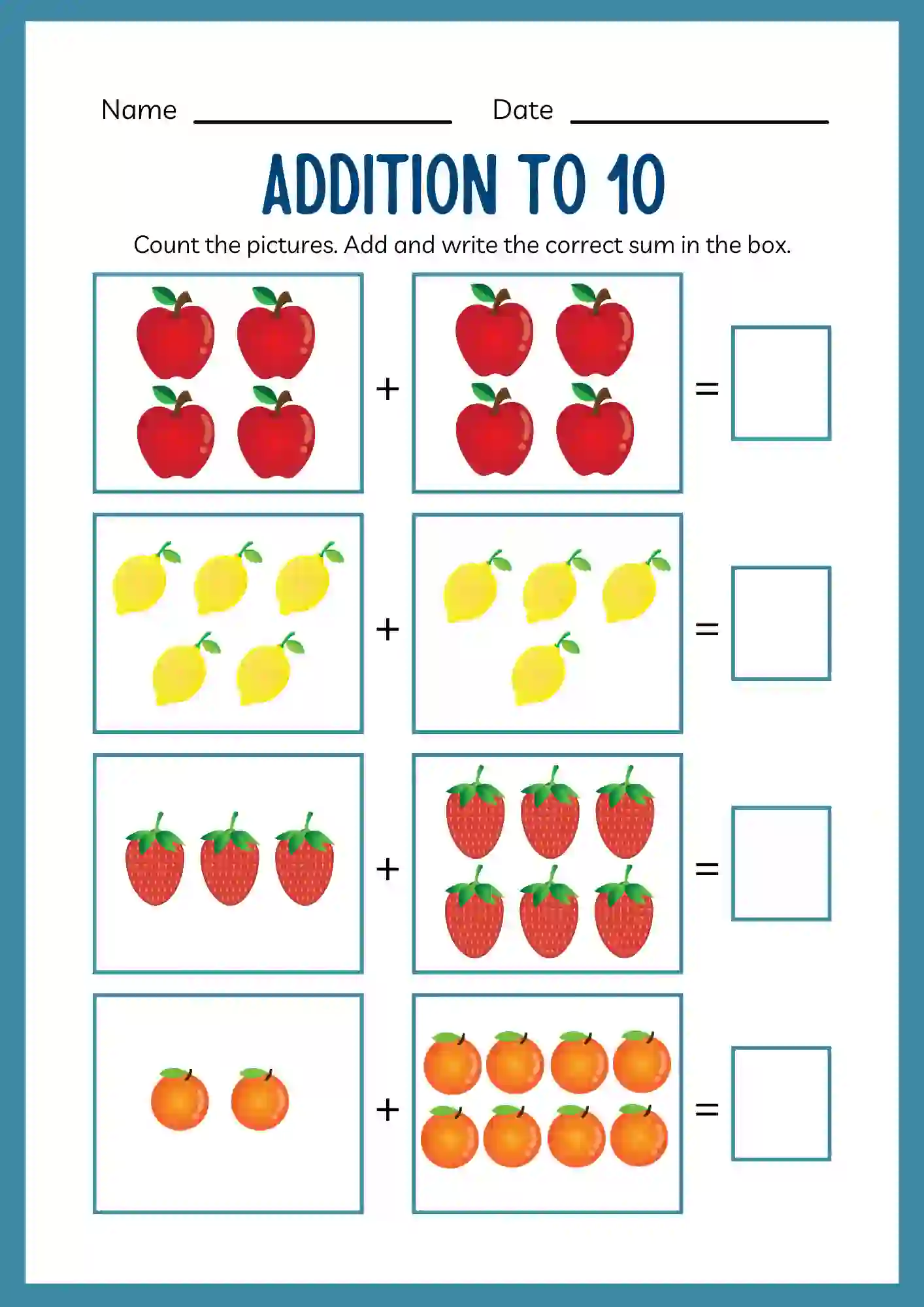Picture Addition Worksheet upto 10