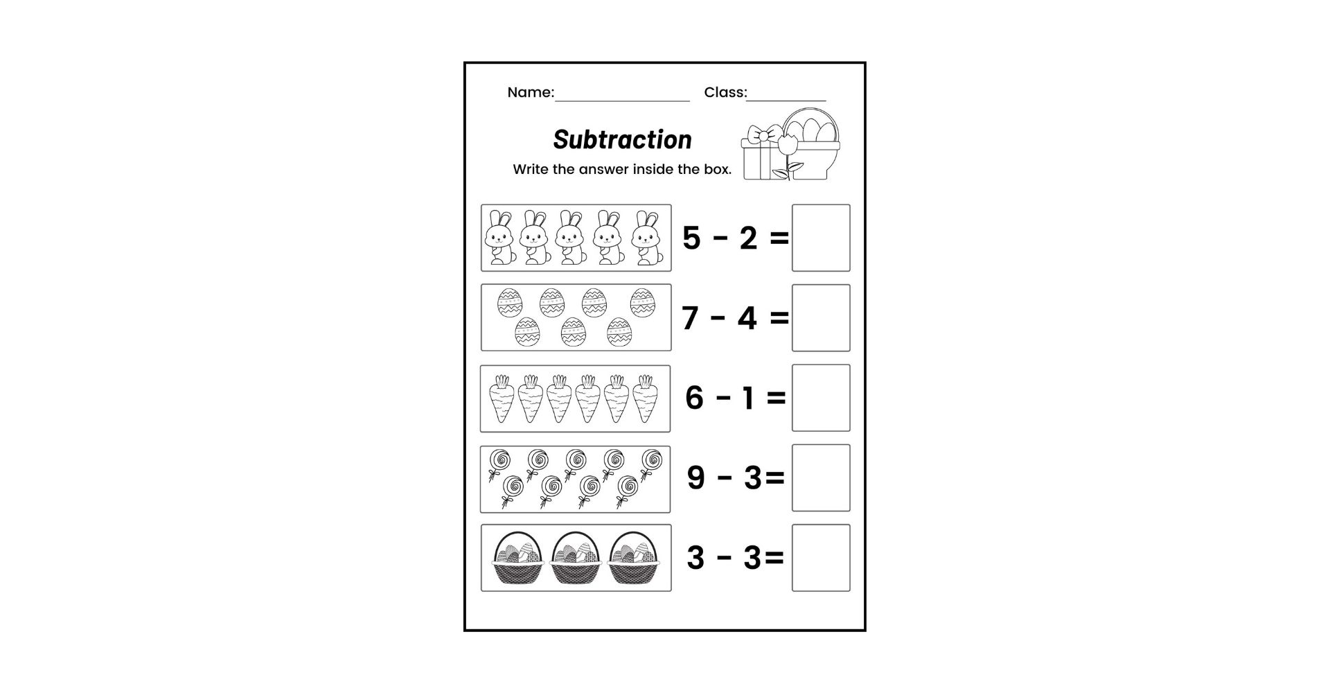 Kindergarten Subtraction worksheets 1 to 10