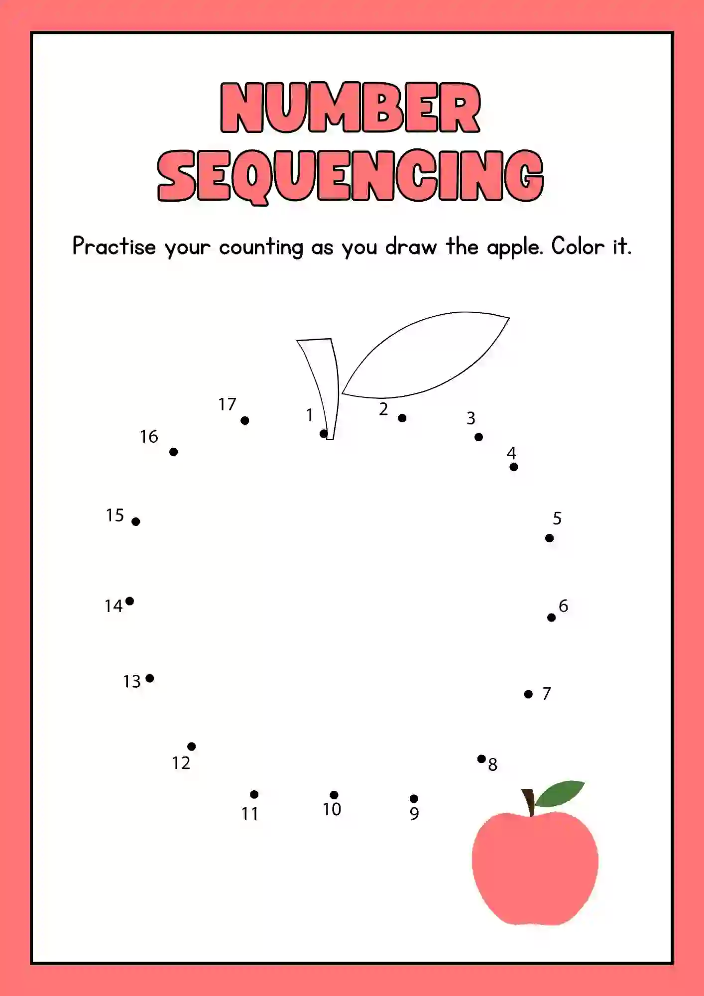 Number Sequencing Activity Worksheet trace and color the (apple)
