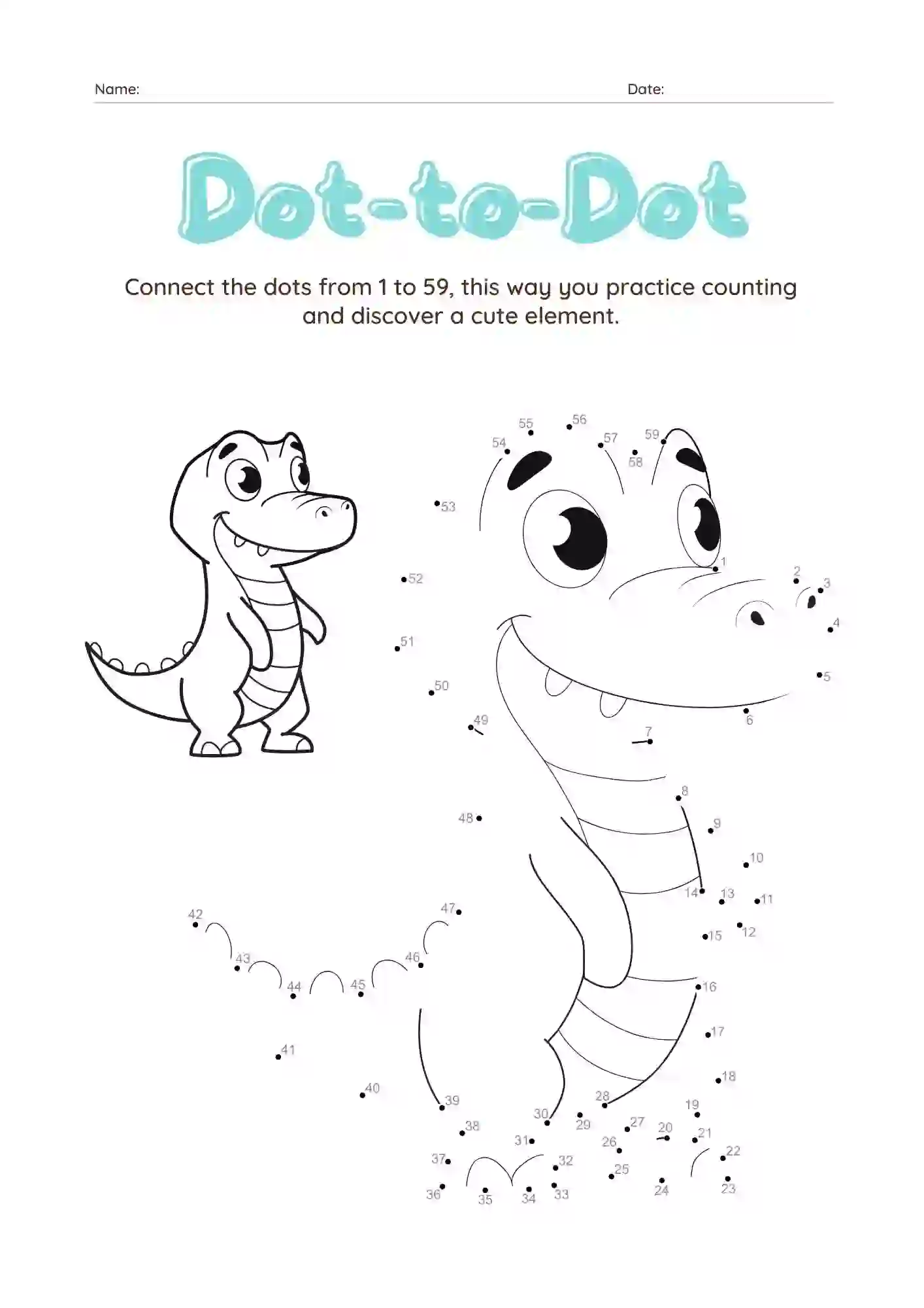 Dot-to-Dot Worksheets For Kindergarten (Dinosaur Dot connecting worksheet)