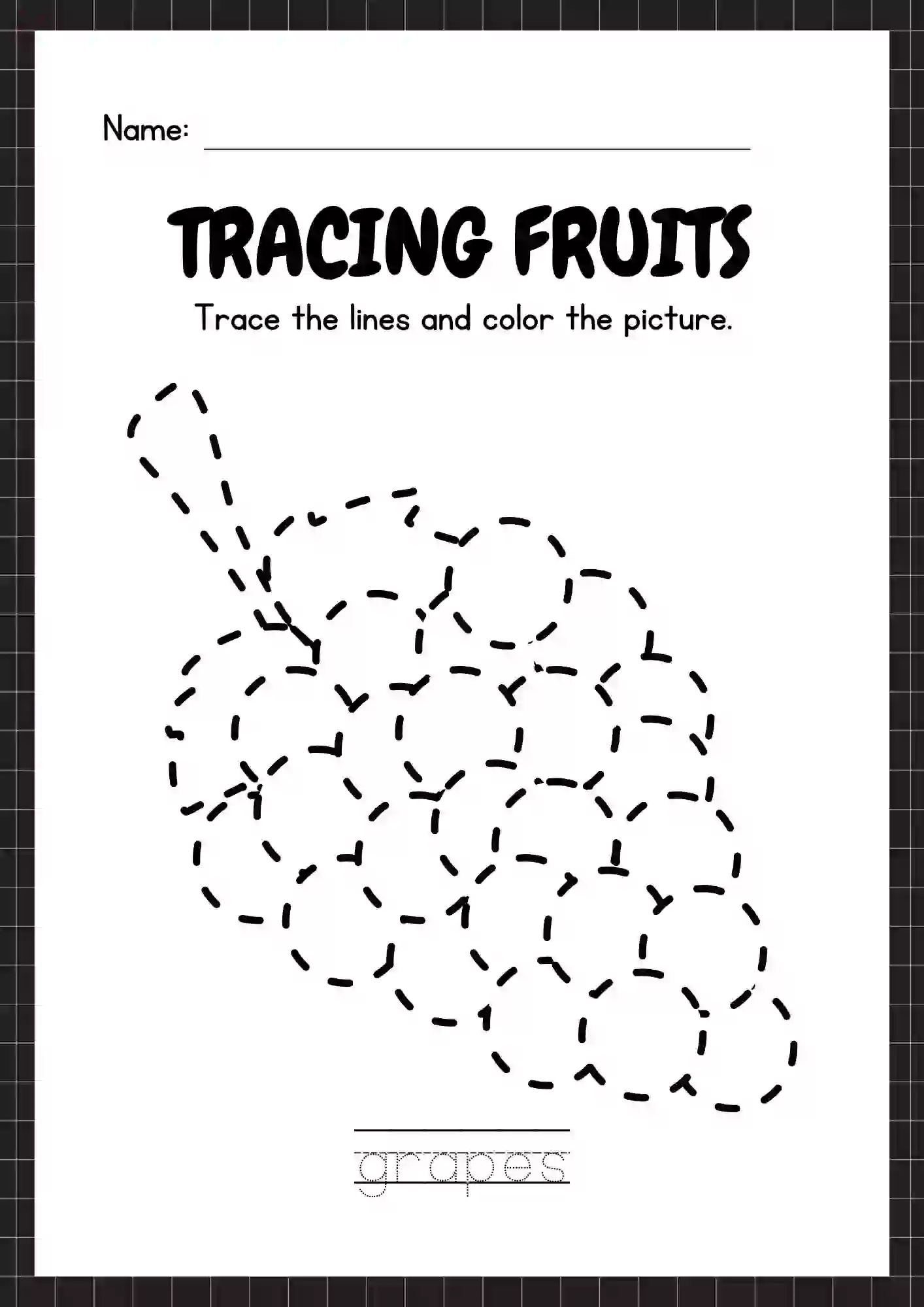 Tracing & Coloring Fruits Worksheets (grapes)