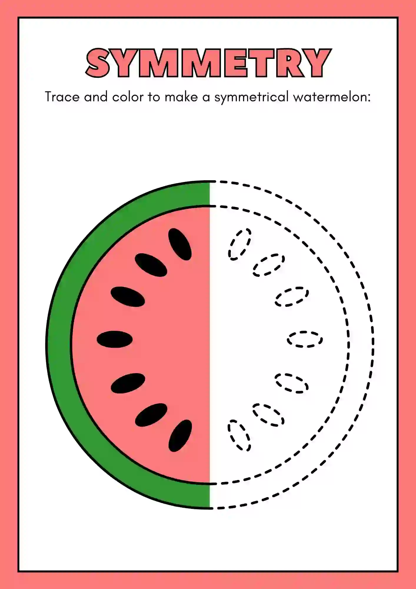 Symmetric Drawing and Coloring worksheets (watermelon)