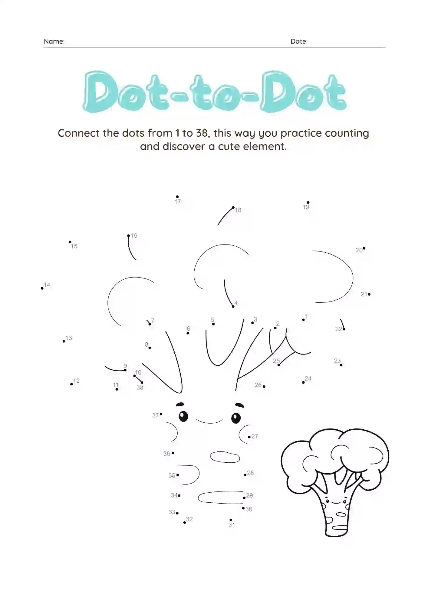 Dot-to-Dot Worksheets For Kindergarten (broccoli Dot connecting worksheet)