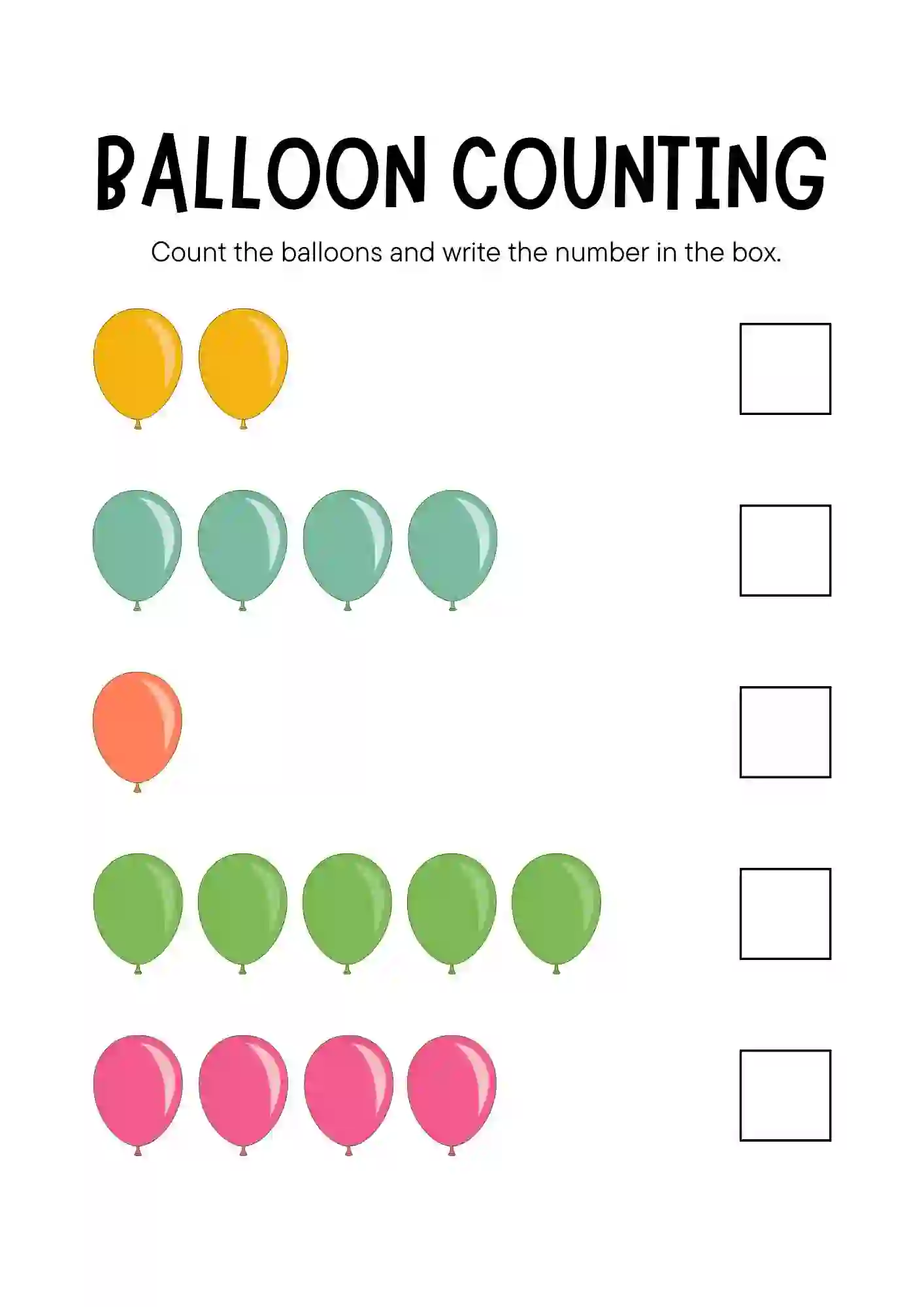 Balloon Counting Worksheets for Kindergarten and Nursery