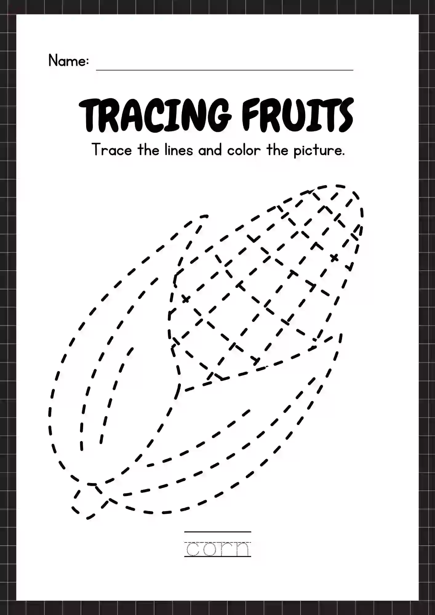 Tracing & Coloring Fruits Worksheets (corn)